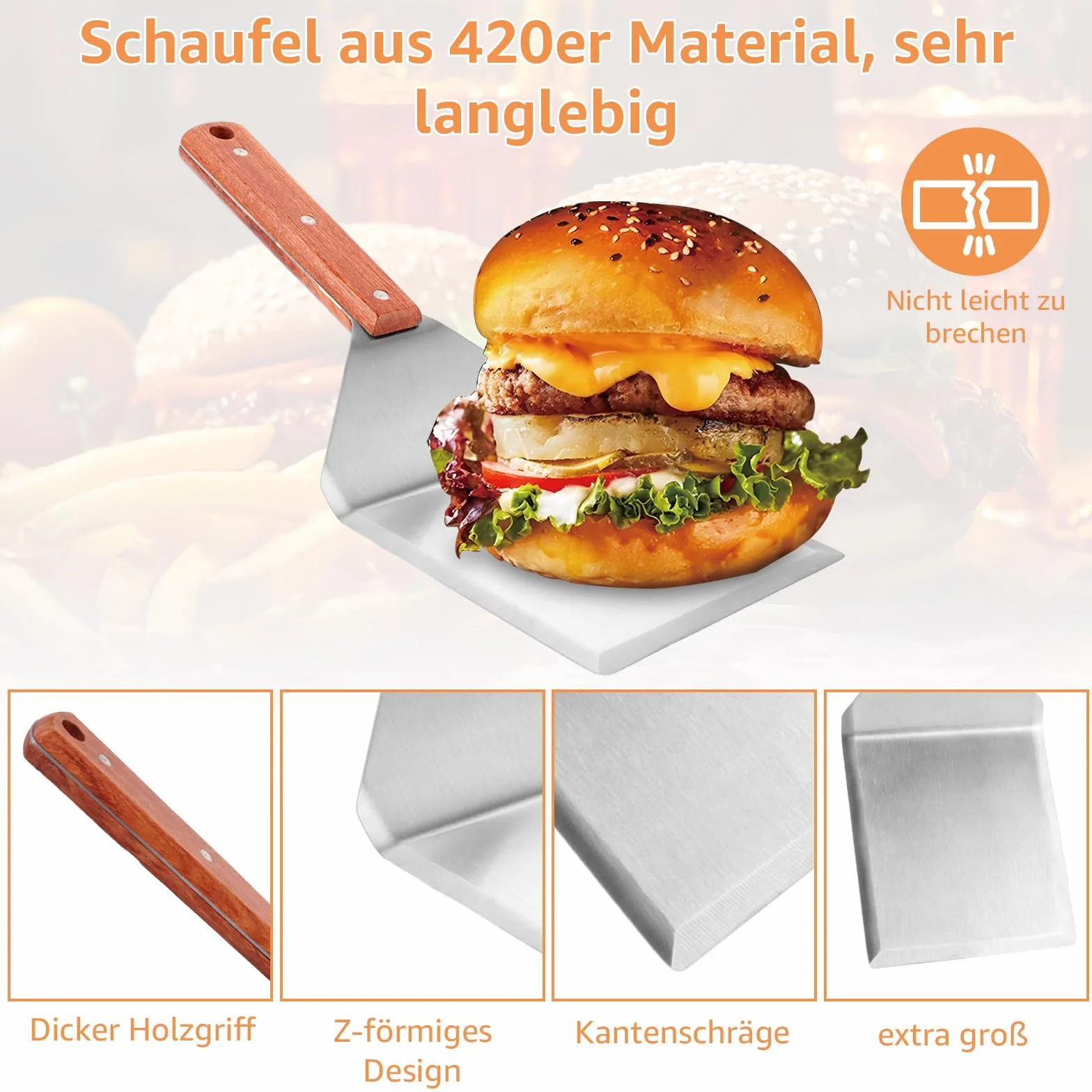 3-częściowy zestaw do hamburgerów z prasą stal nierdzewna i 2 szpatułki do grilla