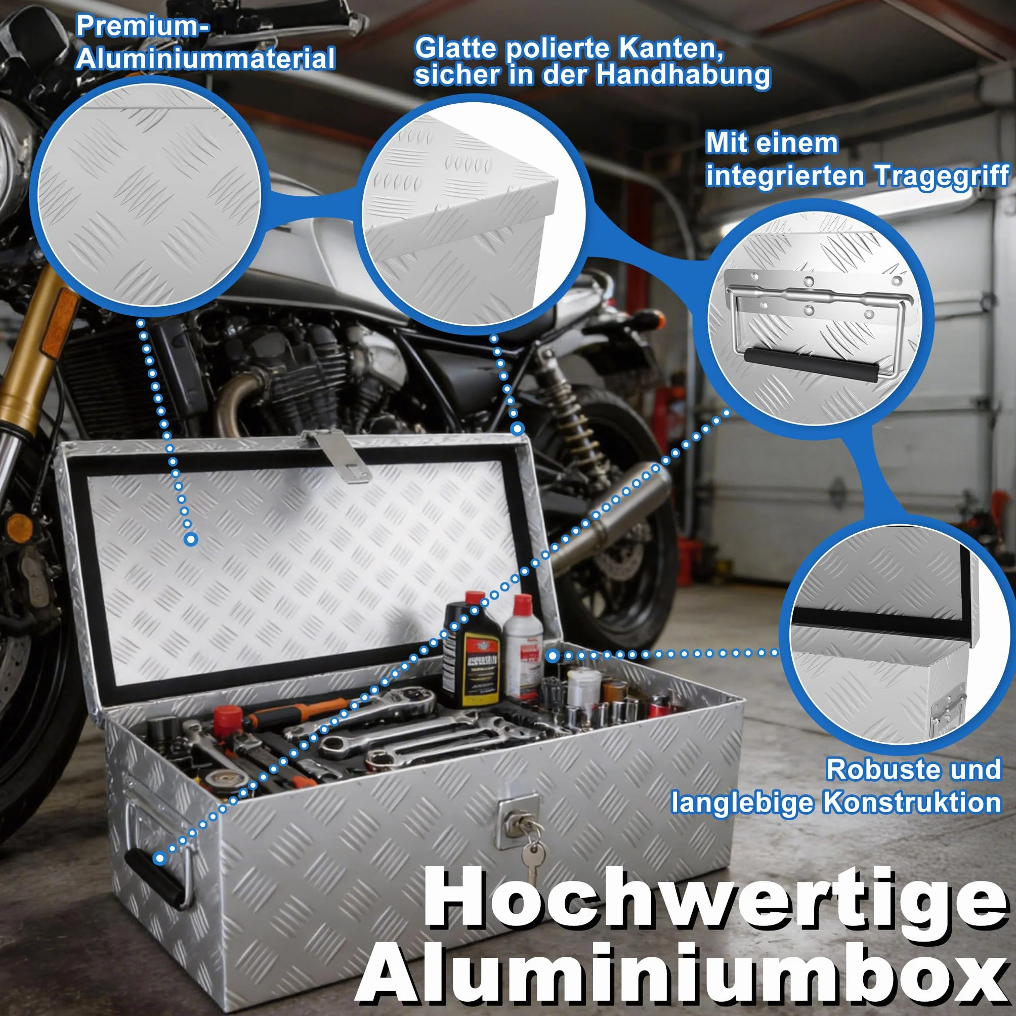 UISEBRT Aluminiowa skrzynka narzędziowa z zamkiem, aluminiowa skrzynka transportowa 520 x 160 x 220 mm, wytrzymała aluminiowa skrzynka na narzędzia, skrzynka na przyczepkę, wodoszczelne pudełko do