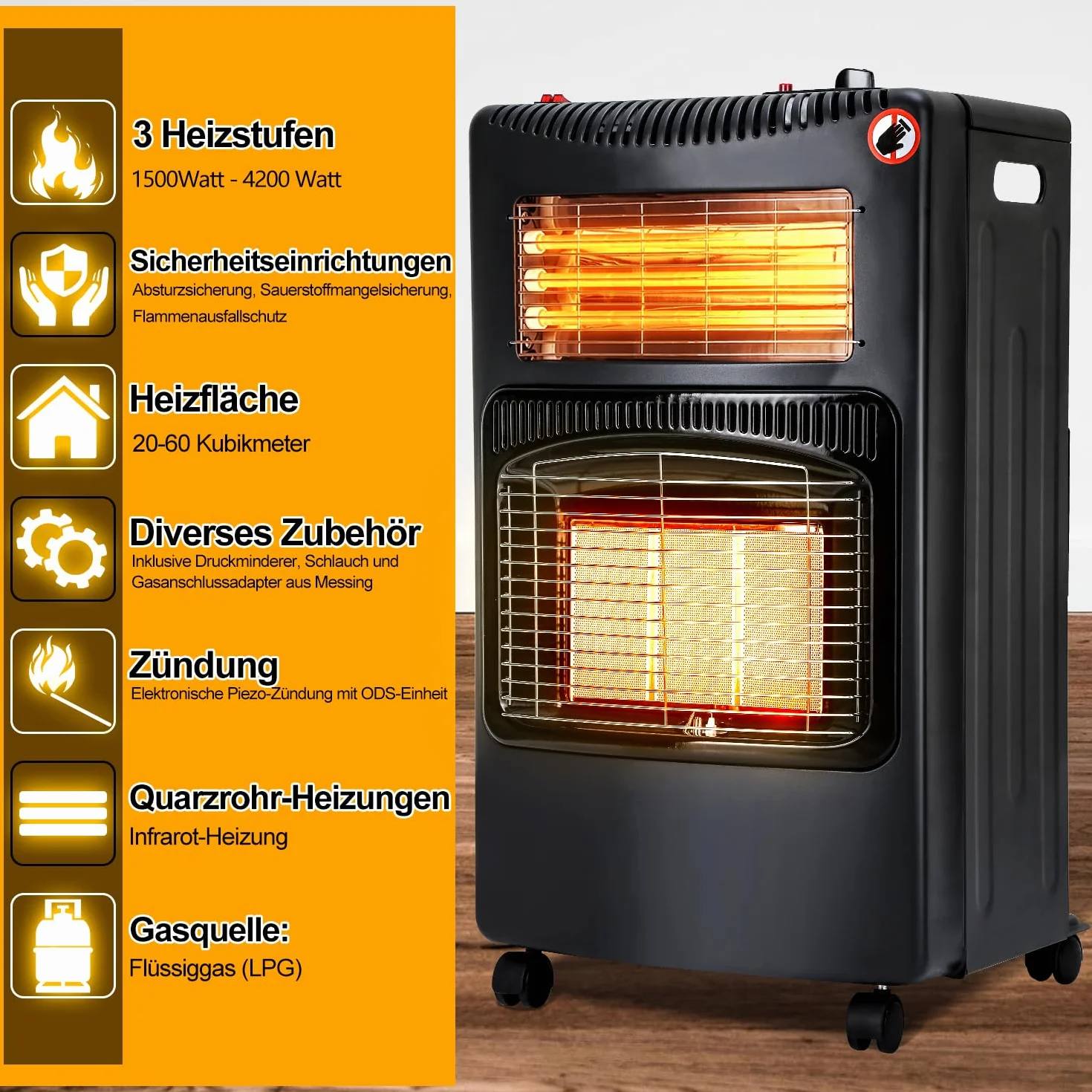 Grzejnik gazowy 4,2 kW + 1,26 kW, 3 poziomy grzania, do butli 15 kg