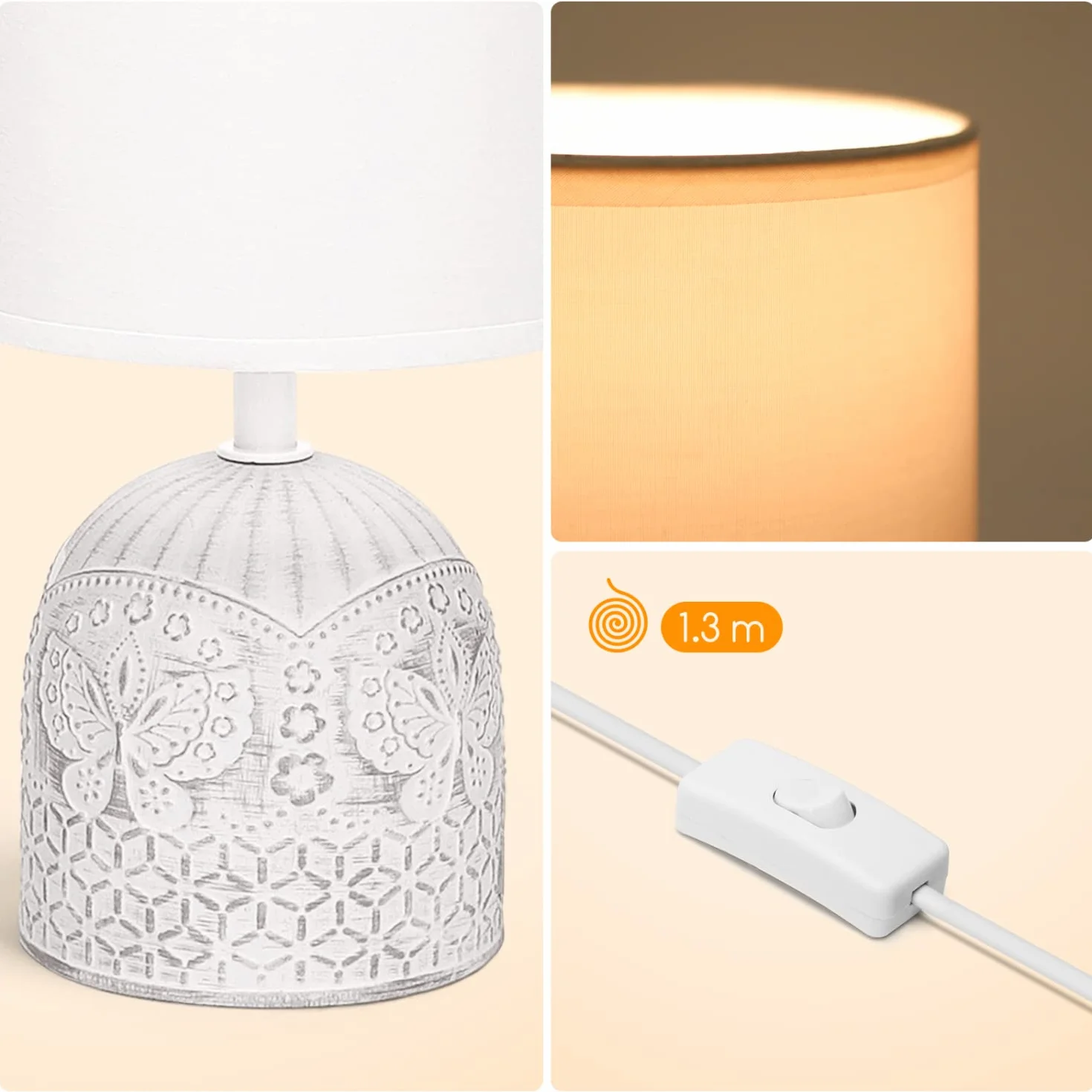 Aigostar - Lampki nocne, Lampa stołowa ceramiczna E14, Biały klosz z tkaniny, Lampki nocne w stylu vintage do sypialni, salonu, pokoju gościnnego, Dł. 13 x Wys. 26 cm