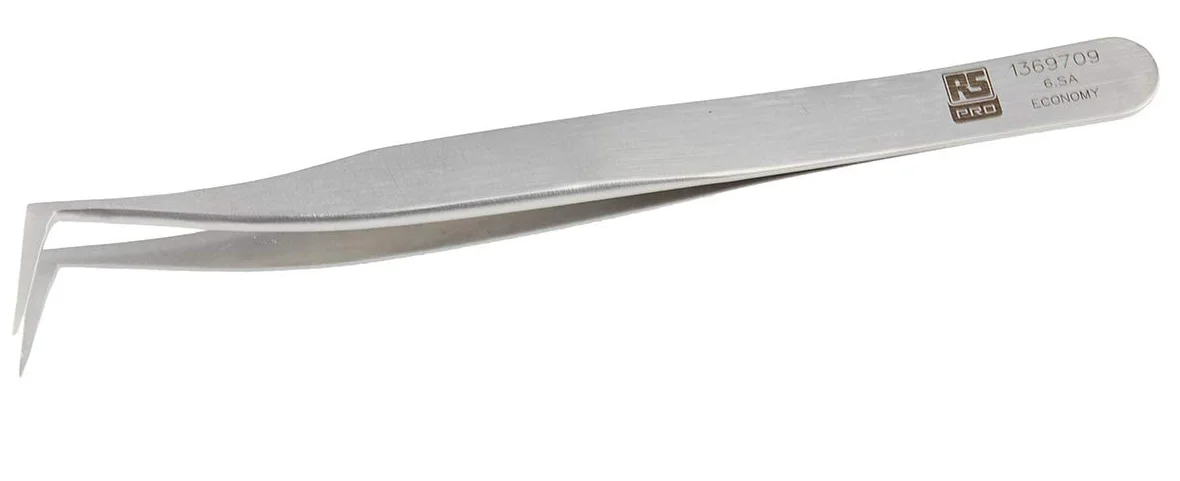 RS PRO 6. SA pęseta ze stali nierdzewnej, 115 mm zagięta, końcówka płaska, antymagnetyczna