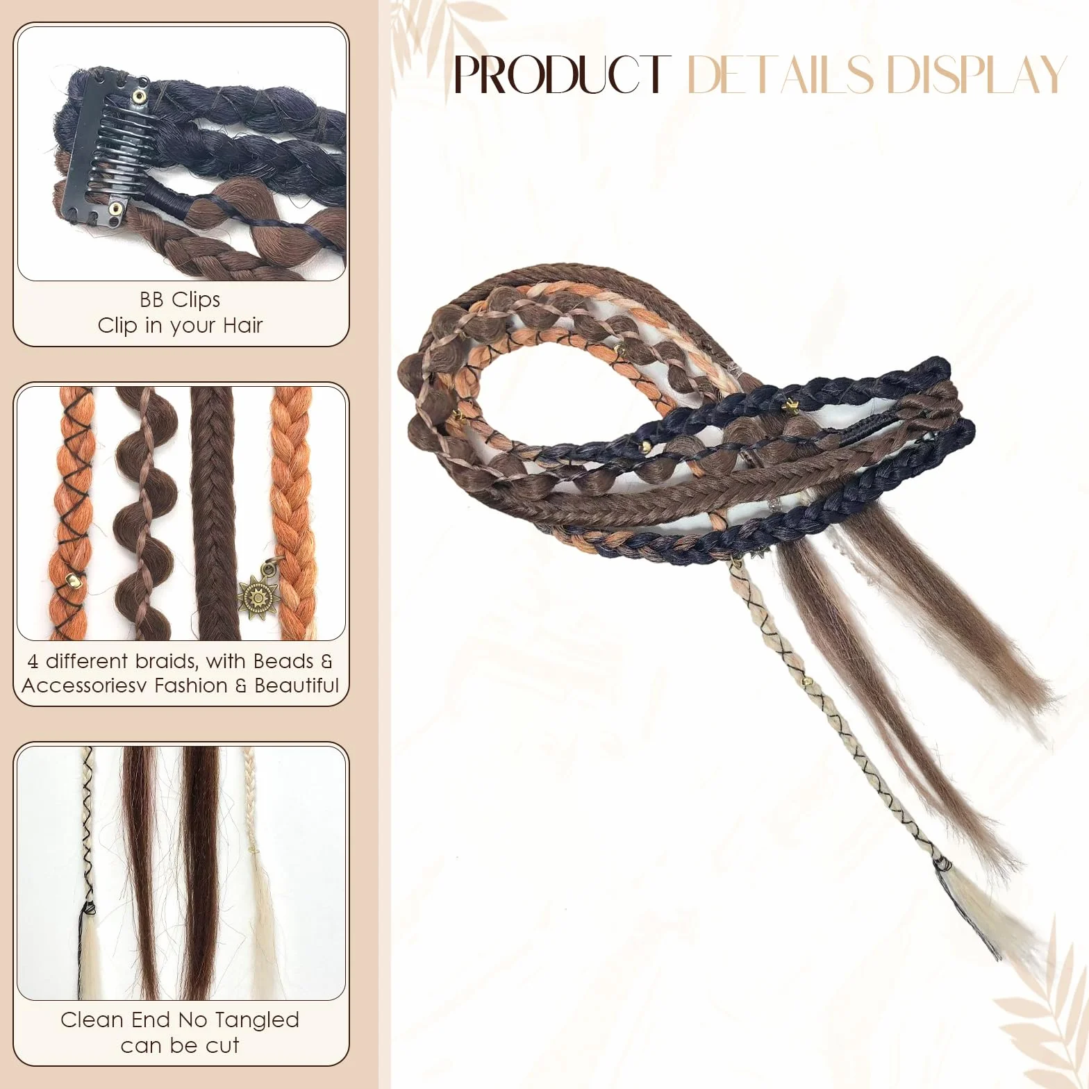 Clip in Braids 2 Sztuki Bohemian Braid Extensions z Klipsami 16 Calowe Syntetyczne Plecione Treski z Koralikami do Codziennych Stylizacji