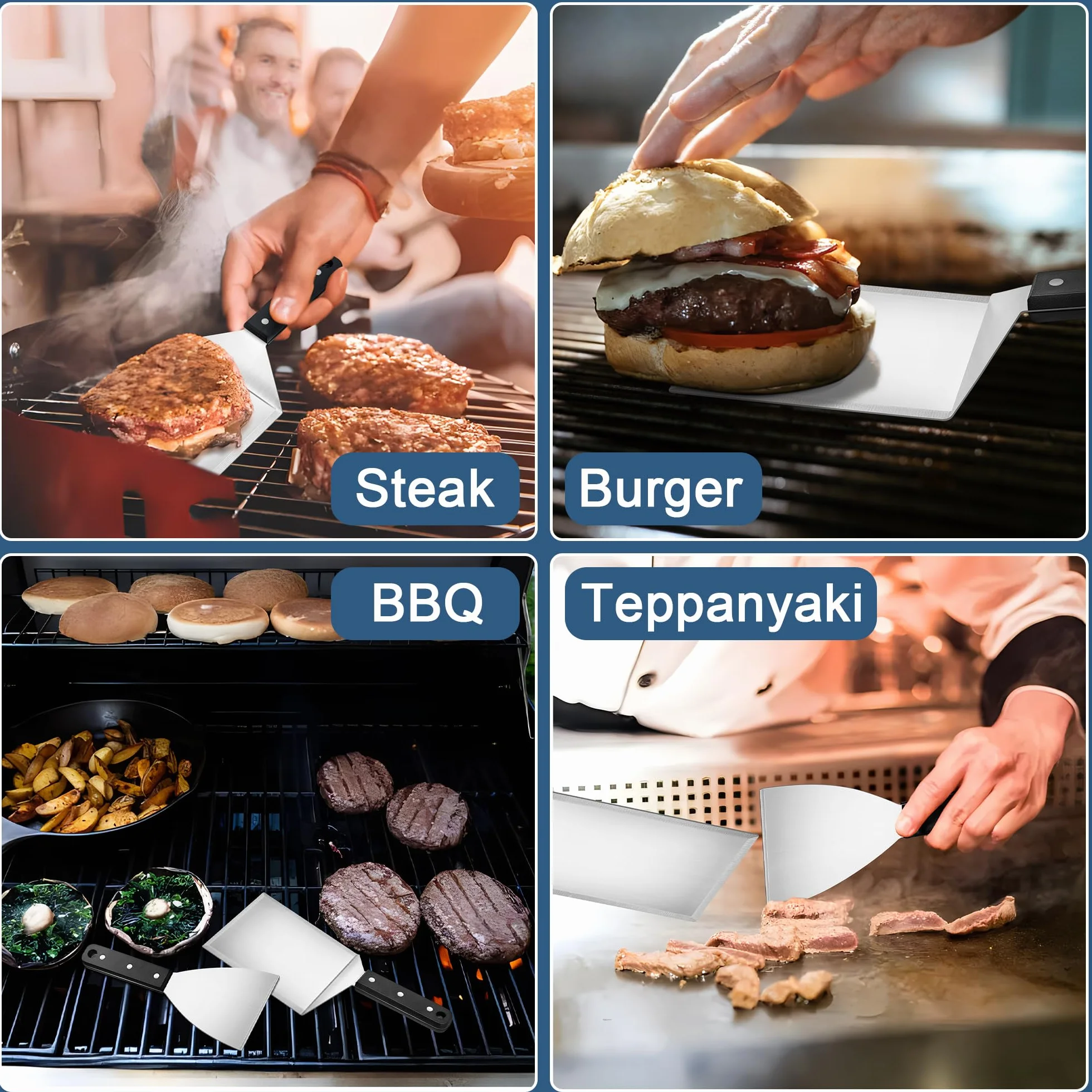 Herogo Zestaw szpatułek do grilla, 2 sztuki szpatułek do planchy ze stali nierdzewnej i duża łopatka do grilla, do smash burgerów, teppanyaki, akcesoria do grilla, prezenty dla mężczyzn, nadają się do