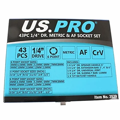 US PRO Narzędzia 43 szt. 1/10.2 cm dr metryczne i AF, zestaw nasadek imperialnych, grzechotka, pręty, 3539