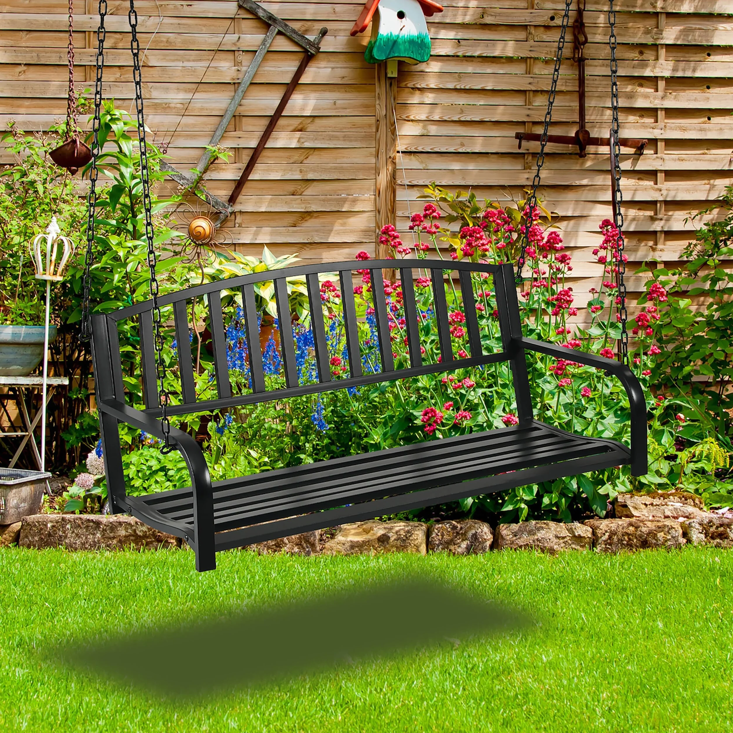 Relaxdays Ławka wisząca, 2-osobowa, stalowa, żeliwna, wys. x szer. x gł.: 197 x 133 x 58 cm, huśtawka zewnętrzna, huśtawka ogrodowa, czarna