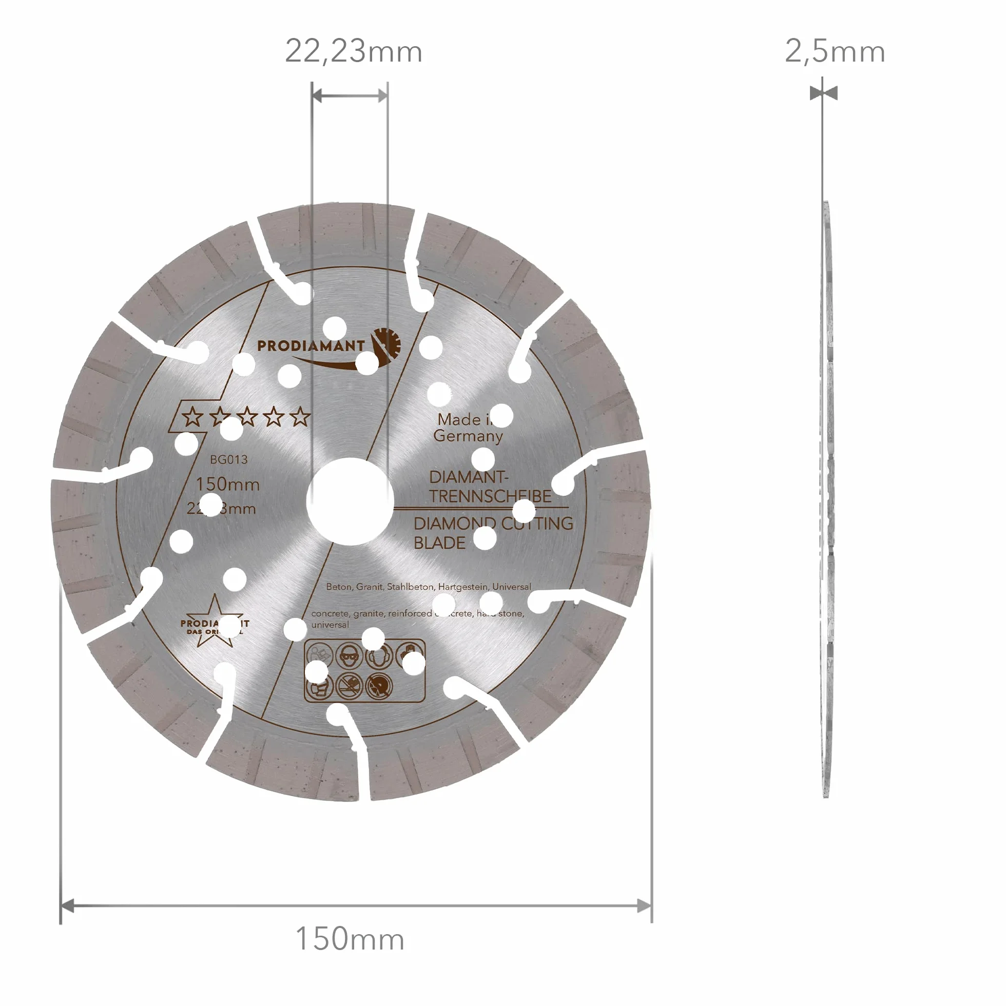 PRODIAMANT Profesjonalna diamentowa tarcza tnąca beton/granit Oxx 150 mm x 22,2 mm diamentowa tarcza do cięcia PDX82.118 150 mm do kamienia naturalnego, produktów betonowych, materiałów o średniej twardości i twardych