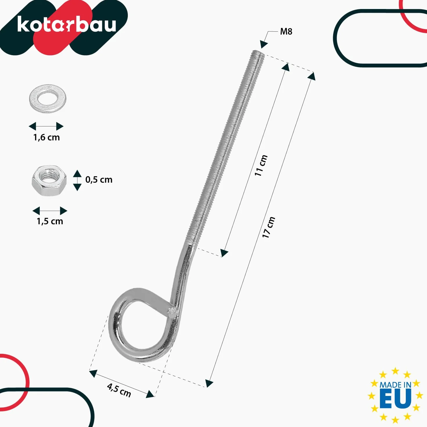 KOTARBAU® 2 haki M8 170 mm – wkręcane, stal ocynk, sufitowe, wytrzymałe, do montażu huśtawek.