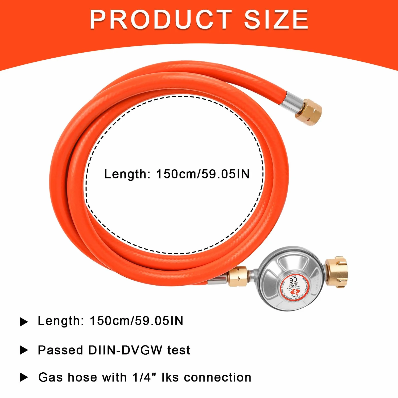 Regulator ciśnienia gazu 50 mbar, wąż gazowy 150 cm, gwint zewnętrzny 1/4"-19 LH do grilla