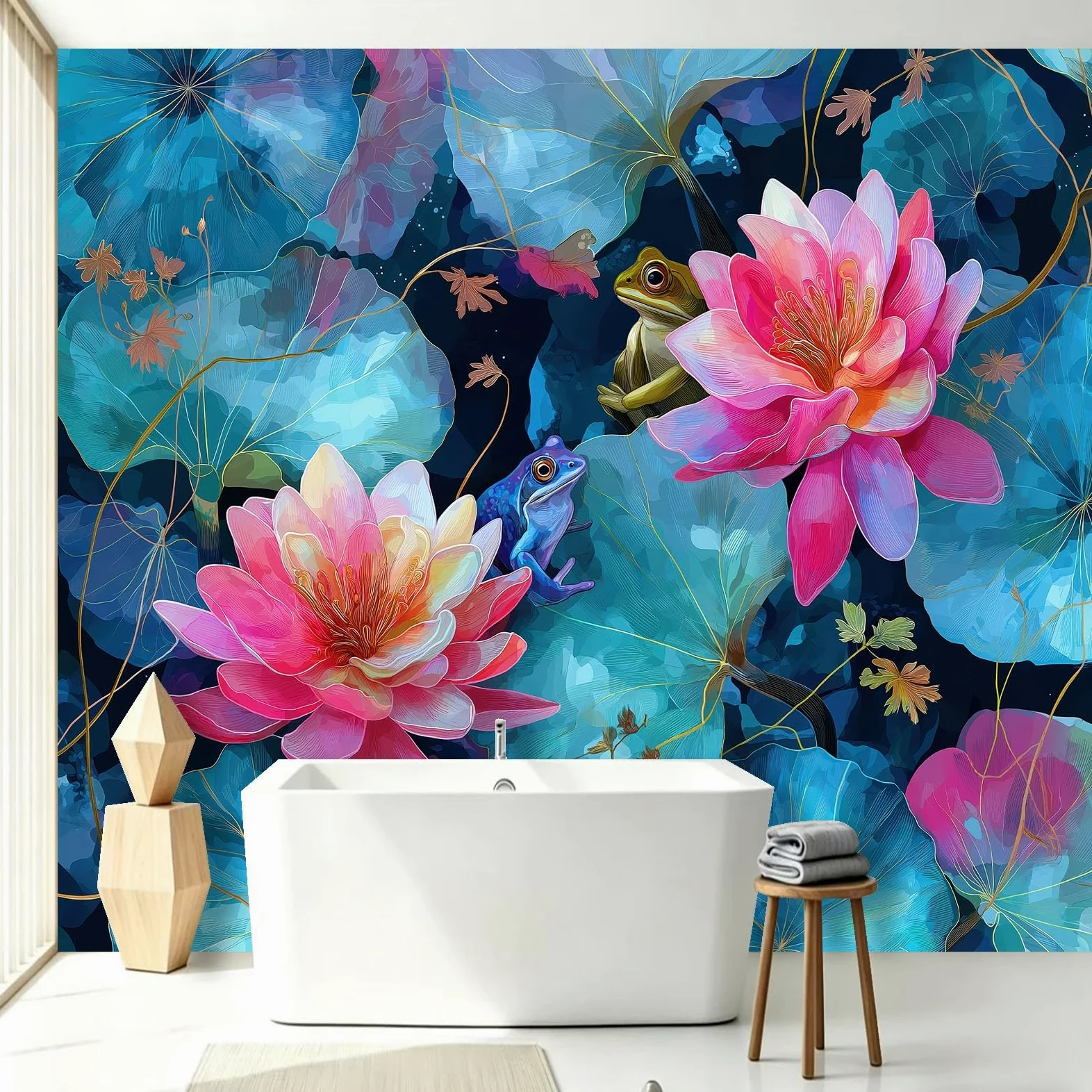 Générique Tapeta ścienna do salonu - akwarela żaby zwierzęta - 350x256cm Panoramiczna tapeta z włókniny, kwiatowe lilie wodne liście lotosu dekoracja ścienna 3D gobelin zdjęcie