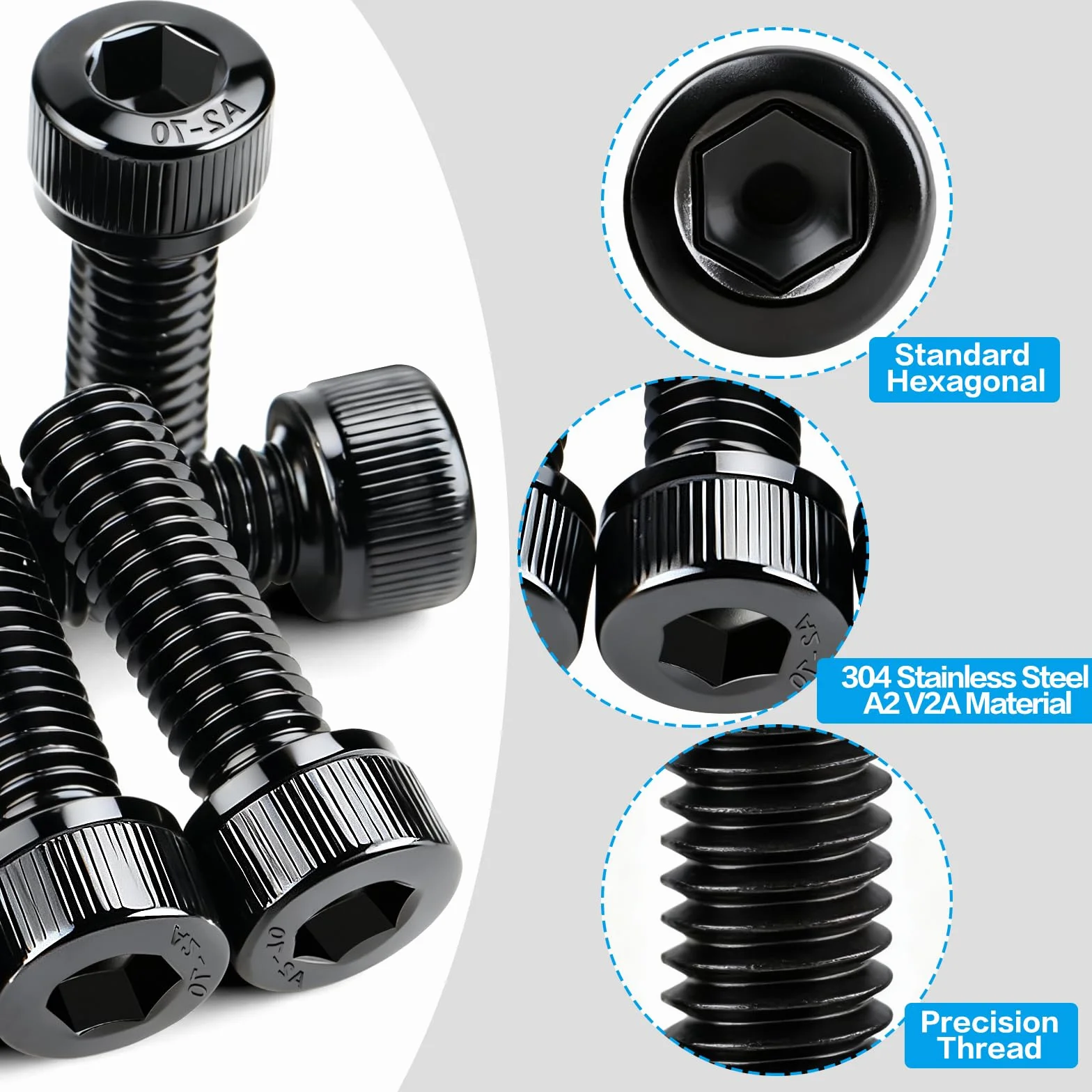 Śruby z łbem walcowym M3 x 20 mm ze stali nierdzewnej z gniazdem sześciokątnym, 50 szt. śrub z łbem cylindrycznym DIN 912/ISO 4762, śruba imbusowa, czarna, A2 V2A, śruby sześciokątne do