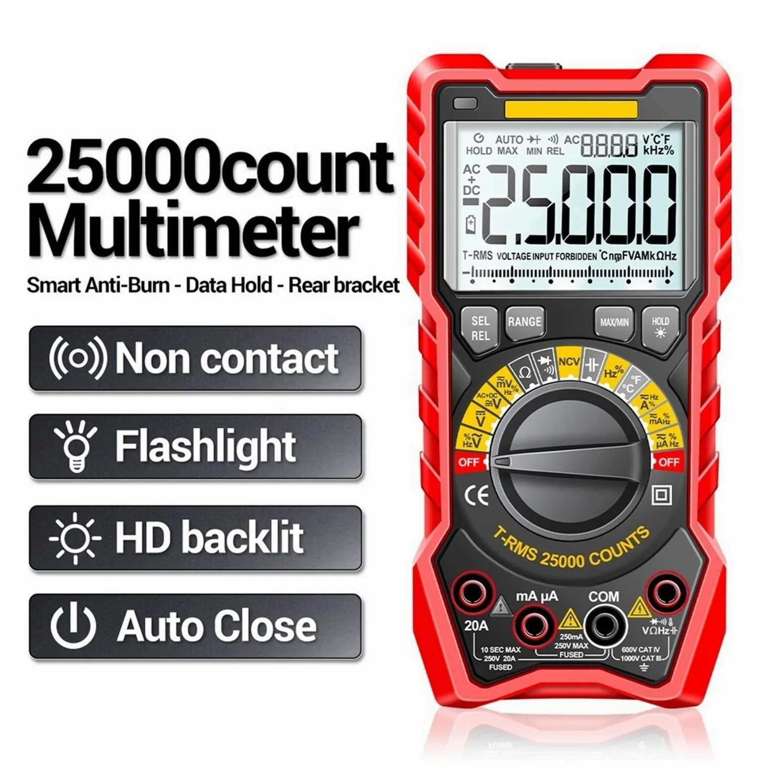 25000 Liczy Multimetr Inteligentny Ręczny Miernik Zasięgu NCV AC DC Ohm Zakres Cyfrowy Multimetro Tester Narzędzia Szybko Dokładnie Łatwy Odczyt(SZ20 Black)