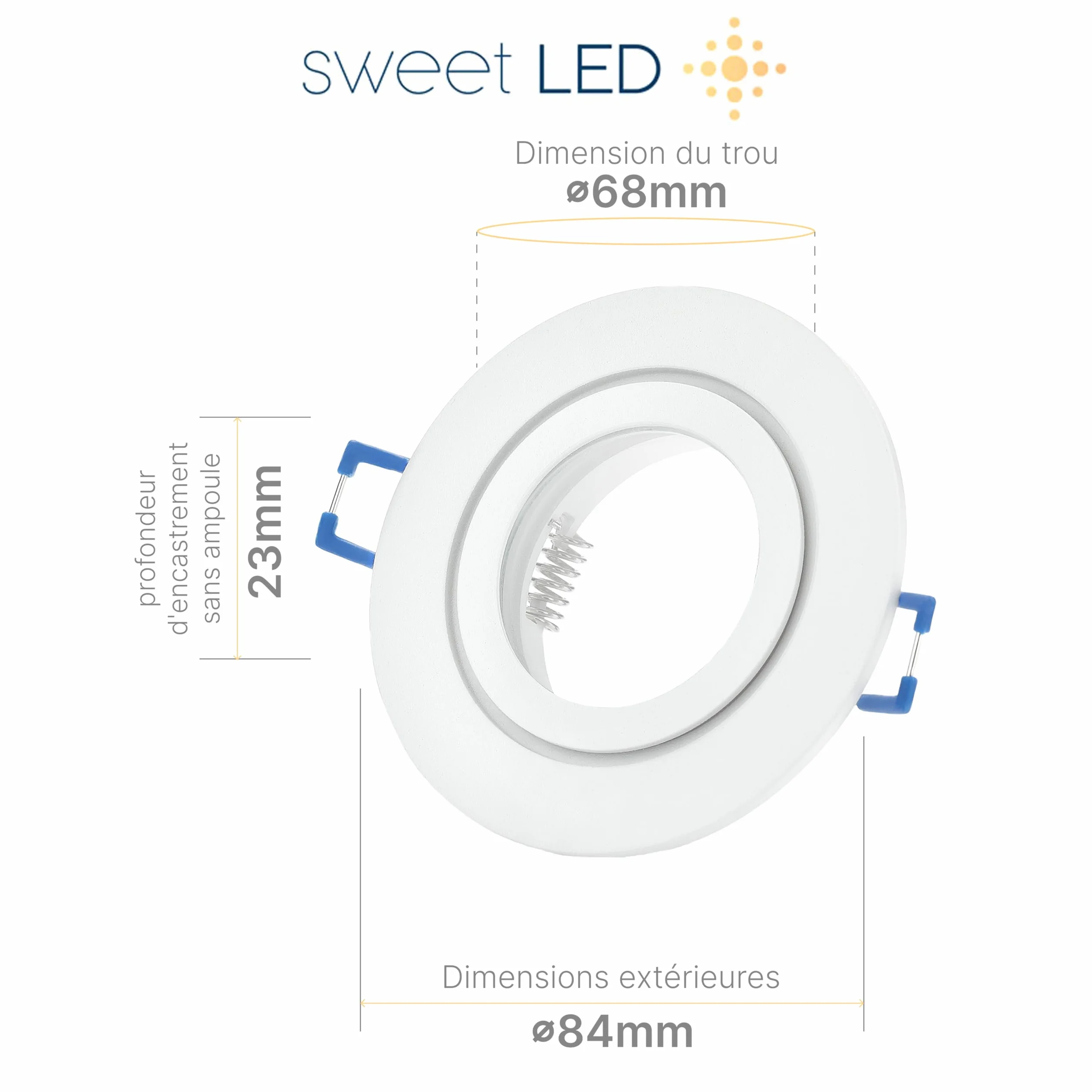 Słodkie Led 4x Ramki do Montażu w zestawie z Gniazdem GU10 230V IP44 Ramki do Wbudowanych Lamp Aluminiowe Spoty do Montażu w Łazience, Oświetlenie Meblowe, Spot Downlight - Okrągłe, Białe