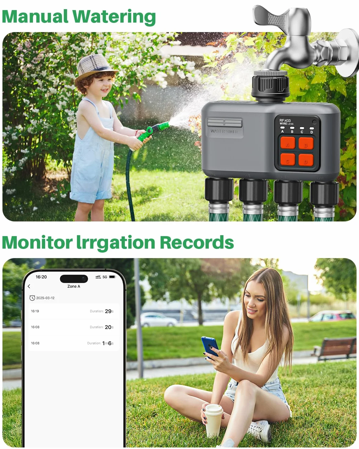 johgee Programator nawadniania WiFi 4 wyjścia RF 300M, Automatyczny timer do ogrodu kompatybilny z Alexa i Smart Life
