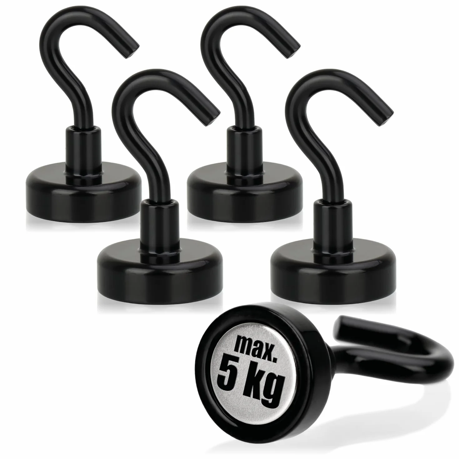 COM-FOUR® 5x neodymowe haczyki magnetyczne 5 kg - mocny magnes warsztatowy z hakiem 38 x 15 mm - do kuchni, lazienki, garazu lub biura - wieszak na ubrania z magnesem neodymowym