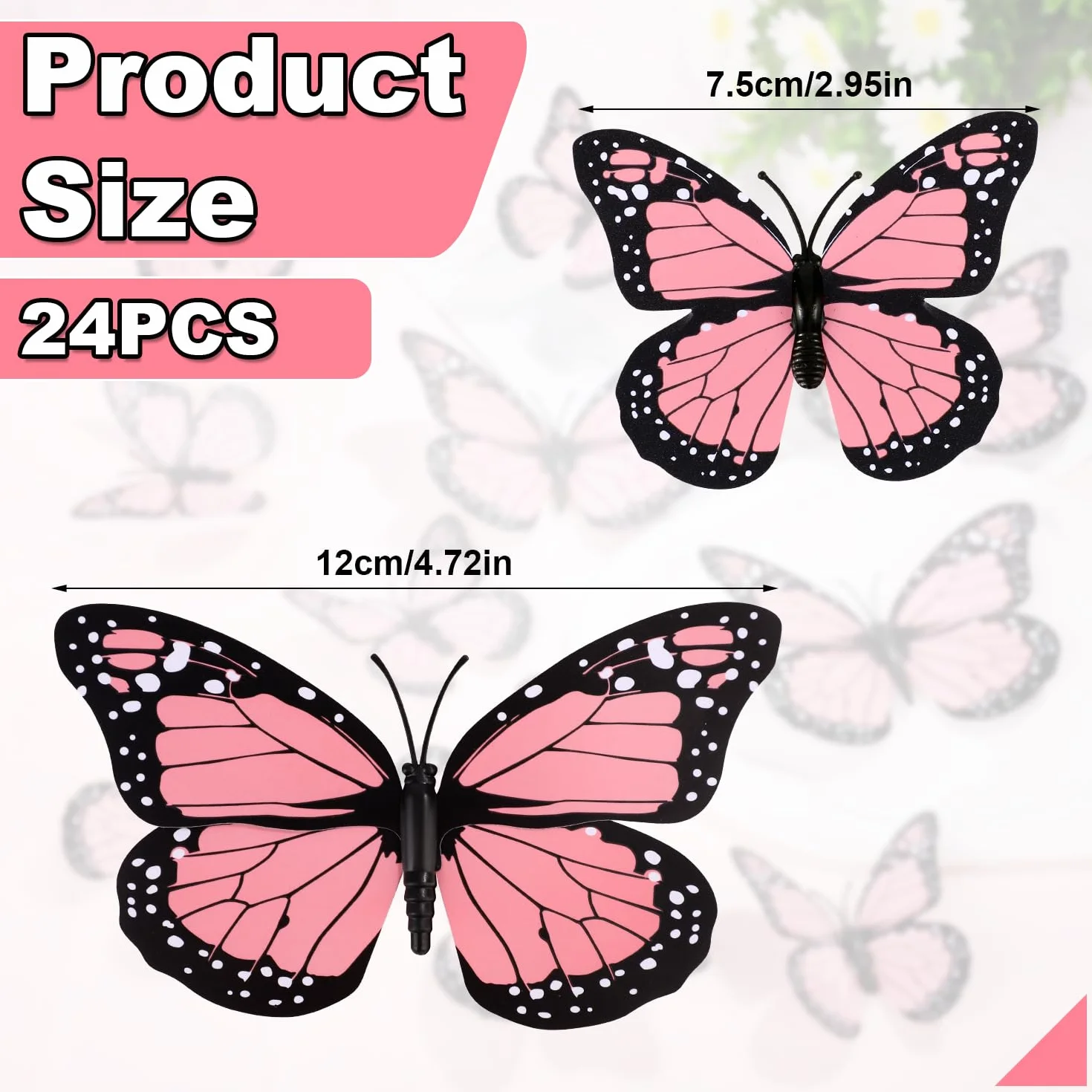 24 Szt. Magnesy Motyl Monarcha, Sztuczny Dekoracje, Naklejki Scienne 3D Motyl Naklejka do Rzemiosla Sciany Domu Wystroju Sztuki Lodówki Halloween Urodzin Imprezy (Rózowy)