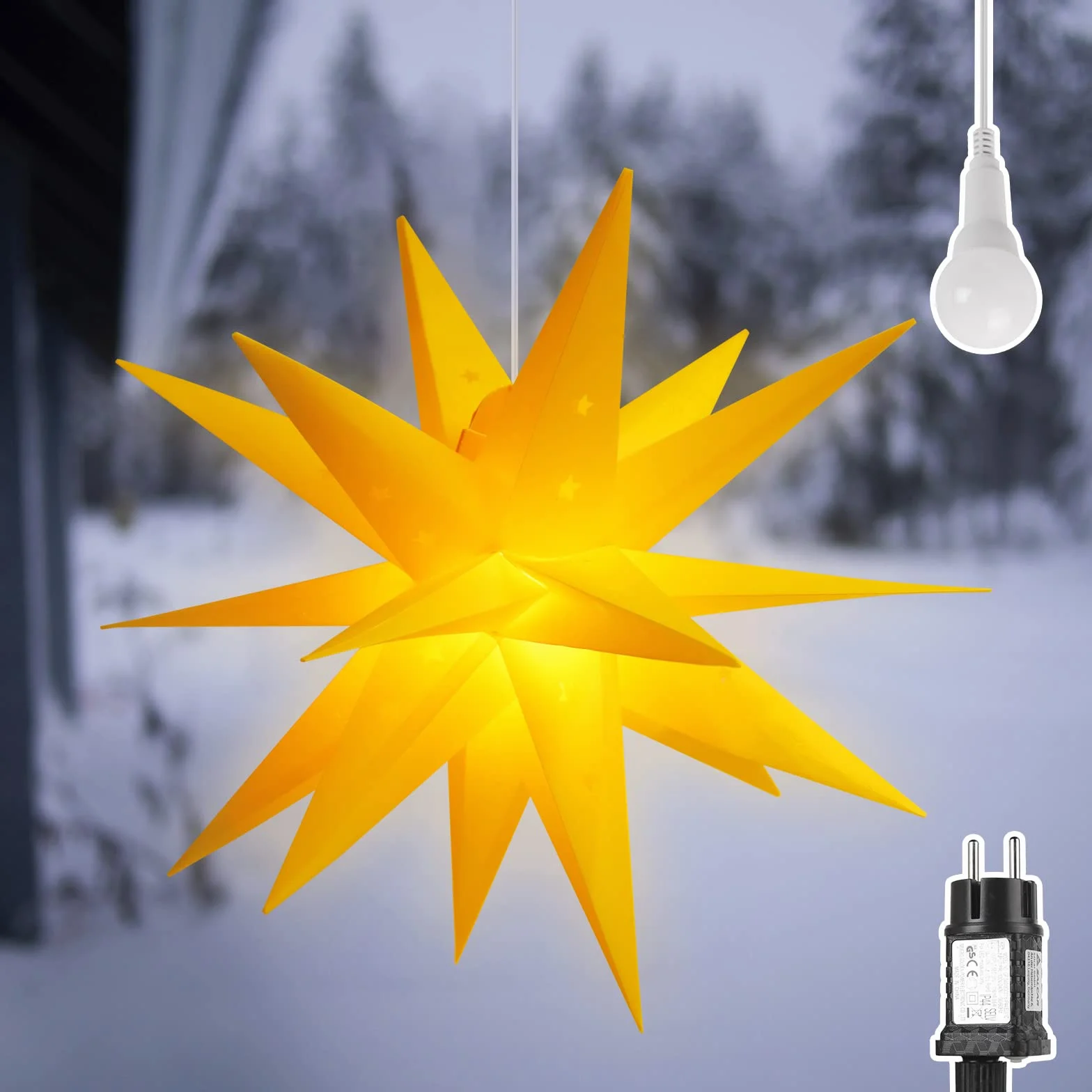 SALCAR Gwiazda bożonarodzeniowa 60 cm, oświetlona na zewnątrz, świecąca gwiazda 3D, okno do zawieszenia wewnątrz, gwiazda LED, dekoracja bożonarodzeniowa na zewnątrz, żółta