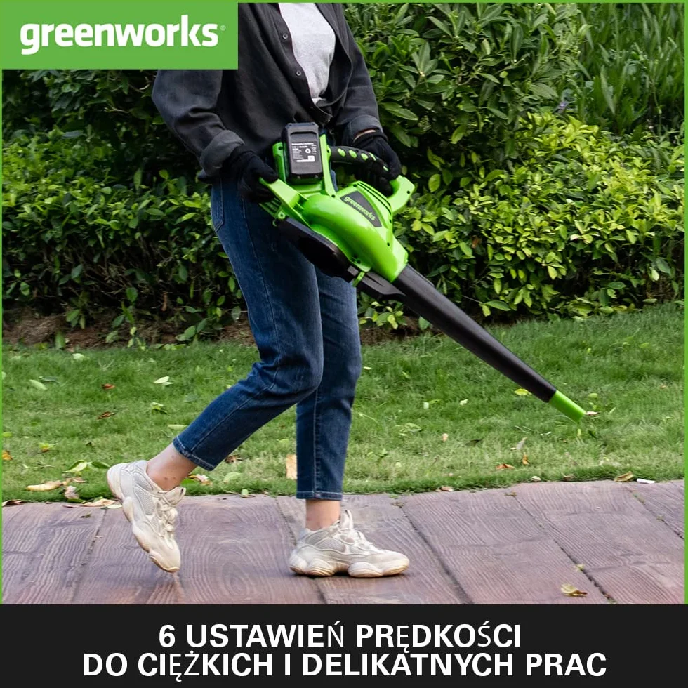 Greenworks GD24X2BVK4X Akumulatorowa dmuchawa odkurzacz do liści, silnik bezszczotkowy, 322 km/h, 9 m³/min, worek 45 L, 2×24 V (odpowiednik 48V)