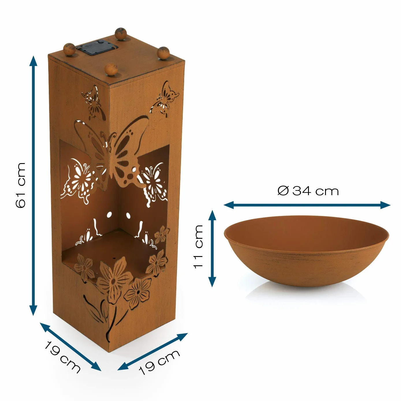 Hoberg Kolumna na rośliny LED 3D, wzór motyla o wyglądzie rdzy, zdejmowana donica na rośliny (Ø 34 cm), nadaje się do użytku wewnątrz i na zewnątrz, wbudowane oświetlenie, timer 6 h, bezprzewodowa [19