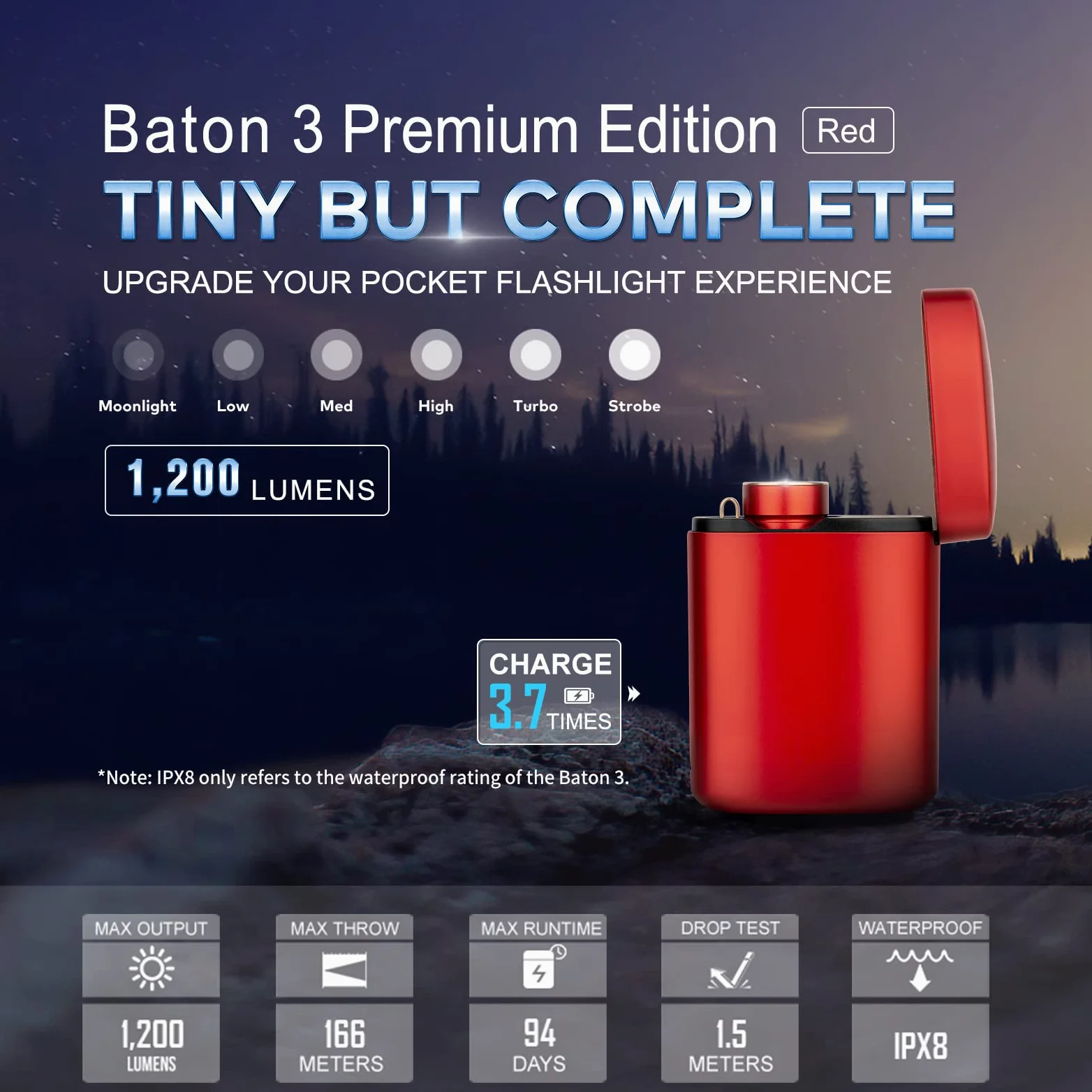 OLIGHT Zestaw latarki LED Baton3, ładowalna latarka 1200 lumenów 166 metrów, 6 trybów z pudełkiem ładowania, odporna na działanie IPX8 odpowiednia na kemping, wędrówki (czerwona edycja premium)