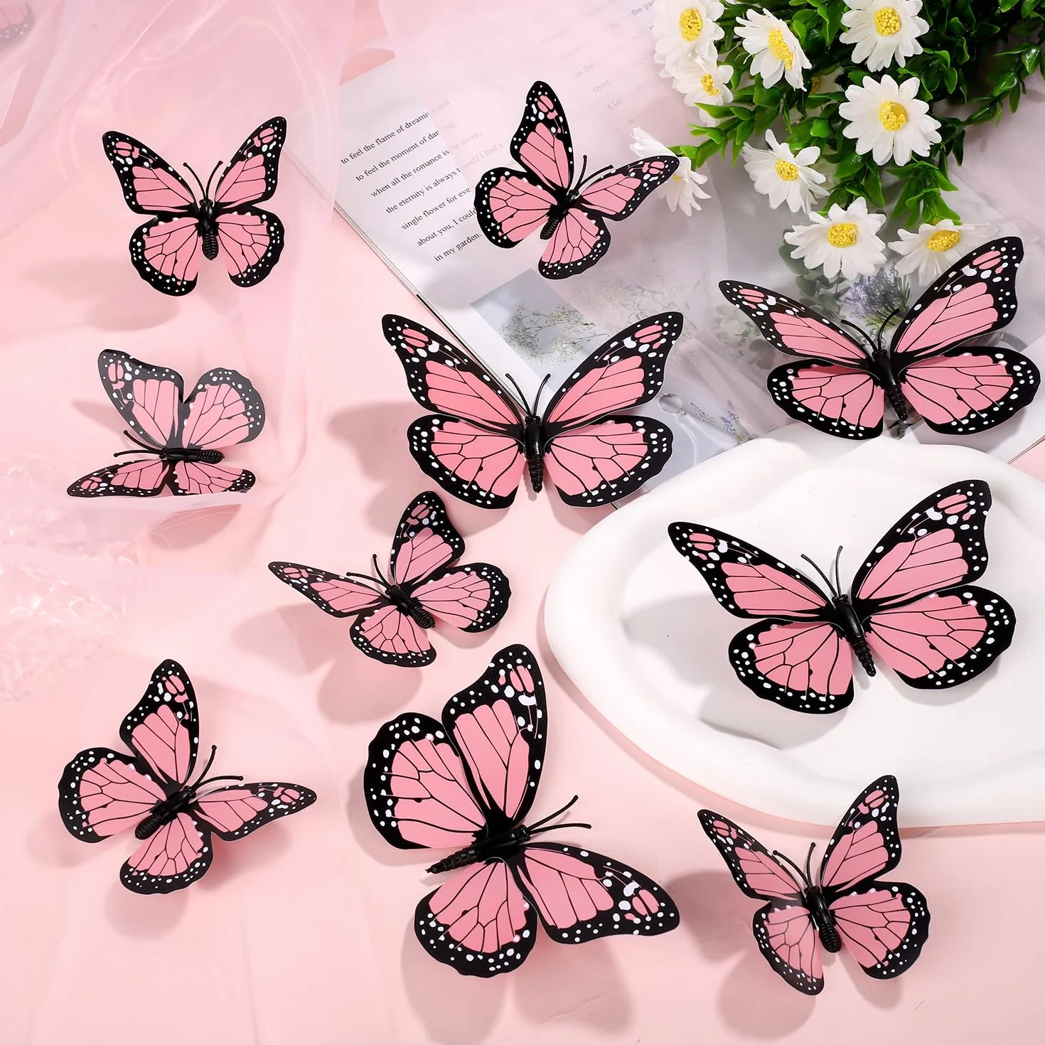 24 Szt. Magnesy Motyl Monarcha, Sztuczny Dekoracje, Naklejki Scienne 3D Motyl Naklejka do Rzemiosla Sciany Domu Wystroju Sztuki Lodówki Halloween Urodzin Imprezy (Rózowy)