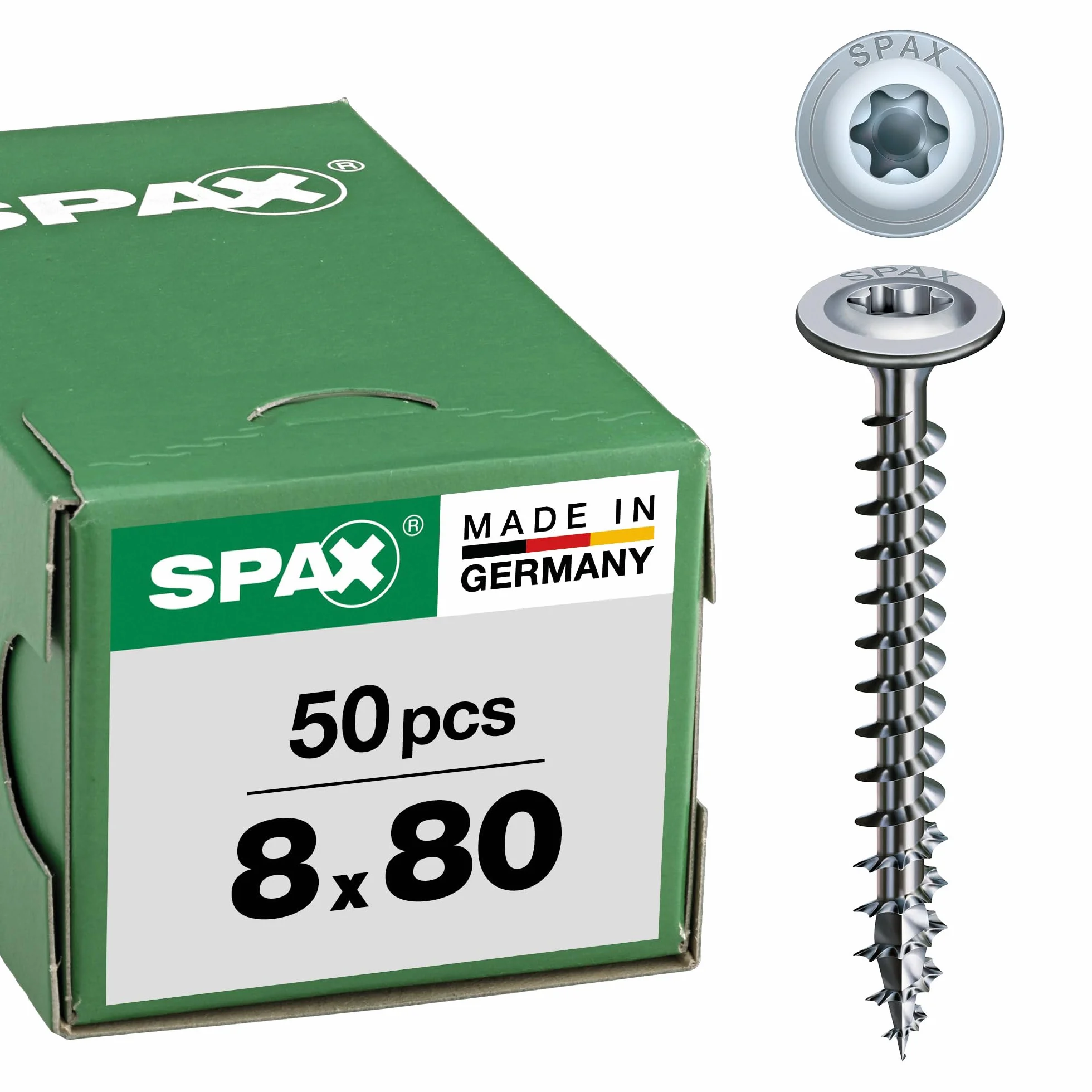 SPAX 251010800805 wkręty do drewna, 8,0 x 80 mm, 50 sztuk, T-STAR plus, głowica talerzowa, gwint częściowy, 4CUT, WIROX A3J