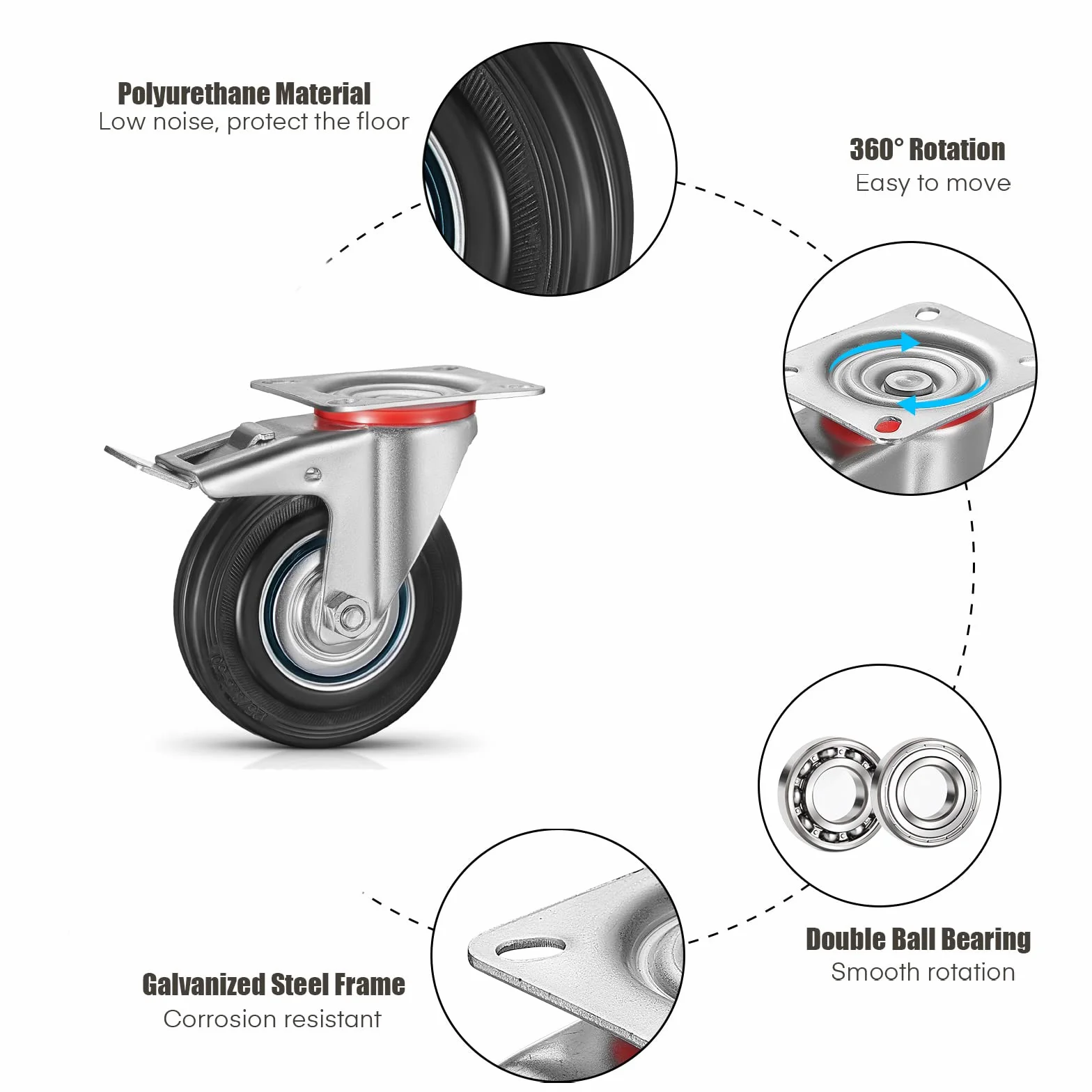 Zestaw 4 kółek o dużym obciążeniu 160 mm, 600 kg Pojemność | Tłumiki obrotowe 360°, 2 hamulce + 2 obrotowe koła, przemysłowe koła do transportu, mebli