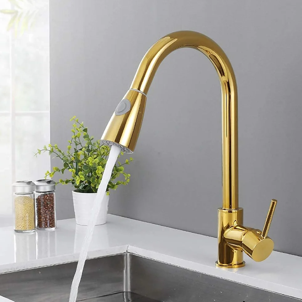 Baterie, łazienka Złota wyciągana głowica natryskowa Bateria kuchenna 2 tryb opryskiwacza 360 obrót Pojedynczy uchwyt Mixer Tap Żuraw do zlewu Pojedynczy uchwyt Deck Mounted/a little surprise
