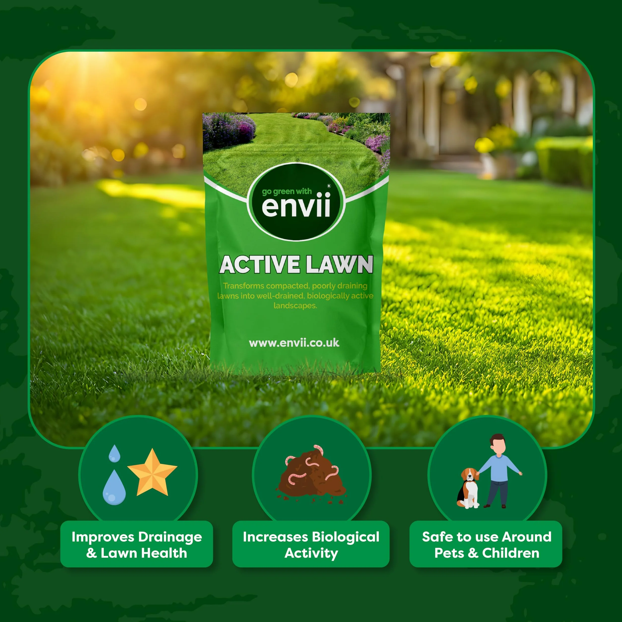 Envii Active Lawn – organiczny polepszacz gleby trawnikowej pomaga oderwać glinę i poprawia napowietrzanie – smakuje 40 m2