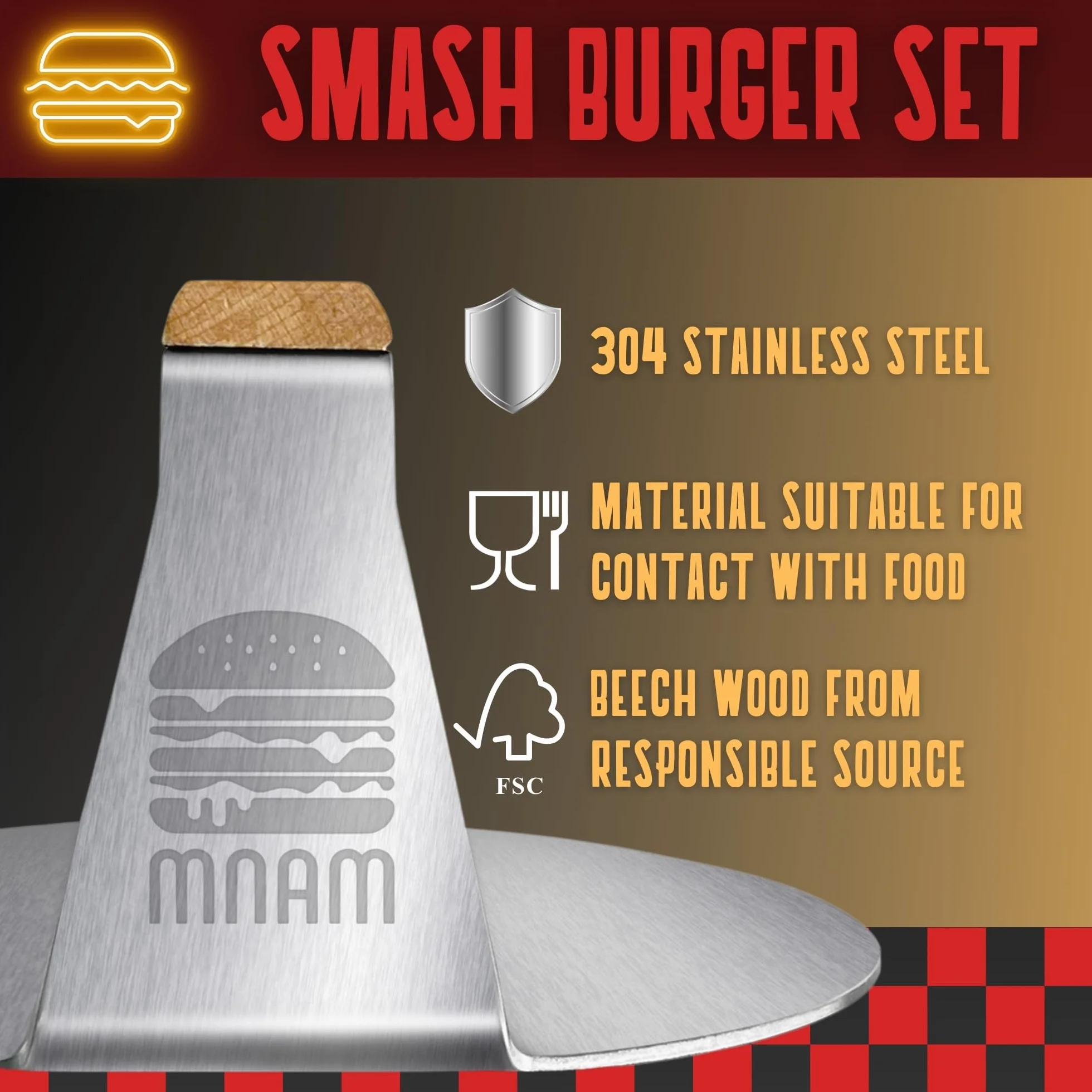 Prasa do hamburgerów Smash - stal nierdzewna, zestaw Smash Burger z łopatką, forma do hamburgerów do domu, idealny do grillowania i żelazka - profesjonalny Smasher drewniany uchwyt