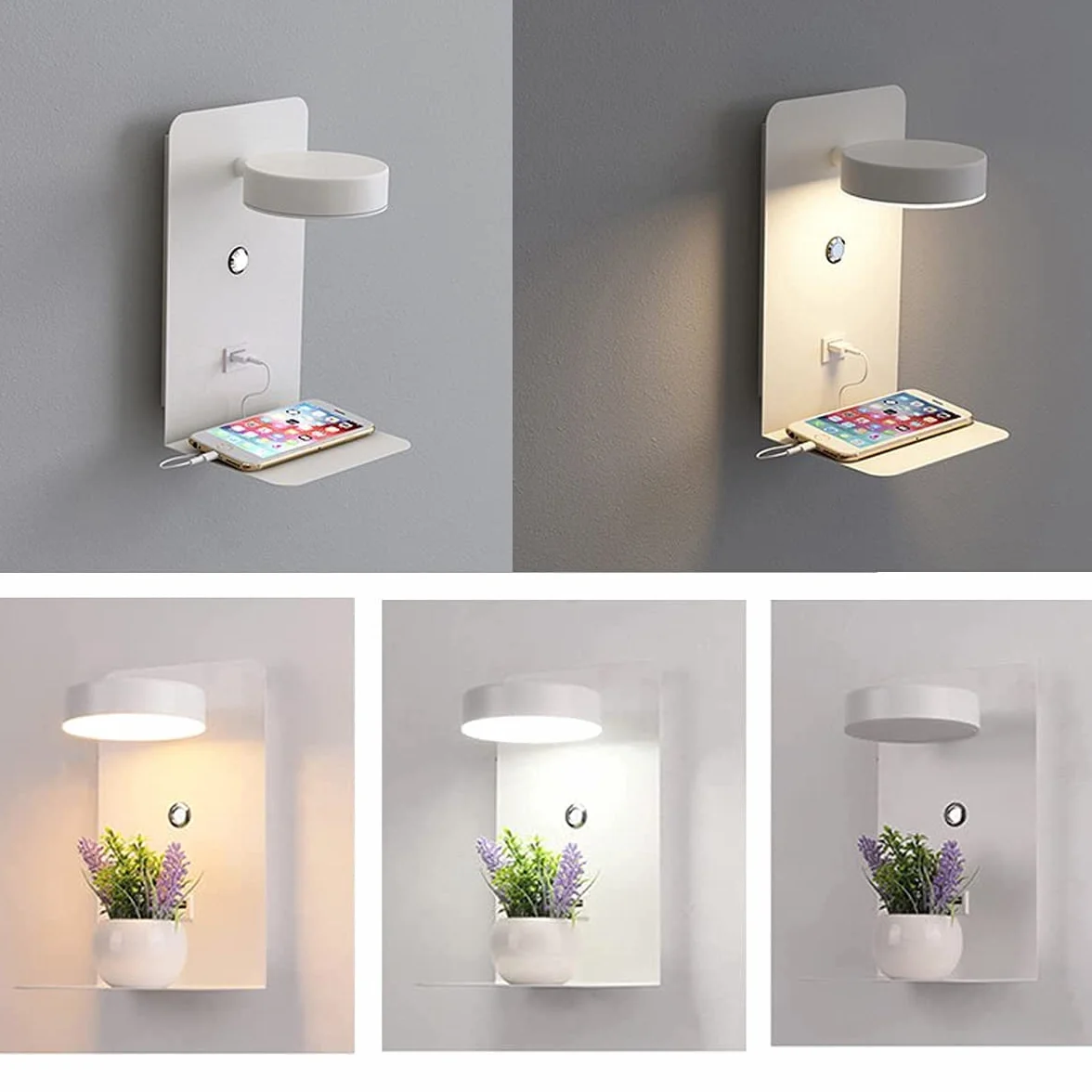 Wewnętrzny kinkiet nocny LED USB, 2 szt. Kinkiet nocny z przełącznikiem Trójkolorowa regulacja, kinkiet z portem USB i półką, regulowana nocna lampka do czytania do sypialni salonu