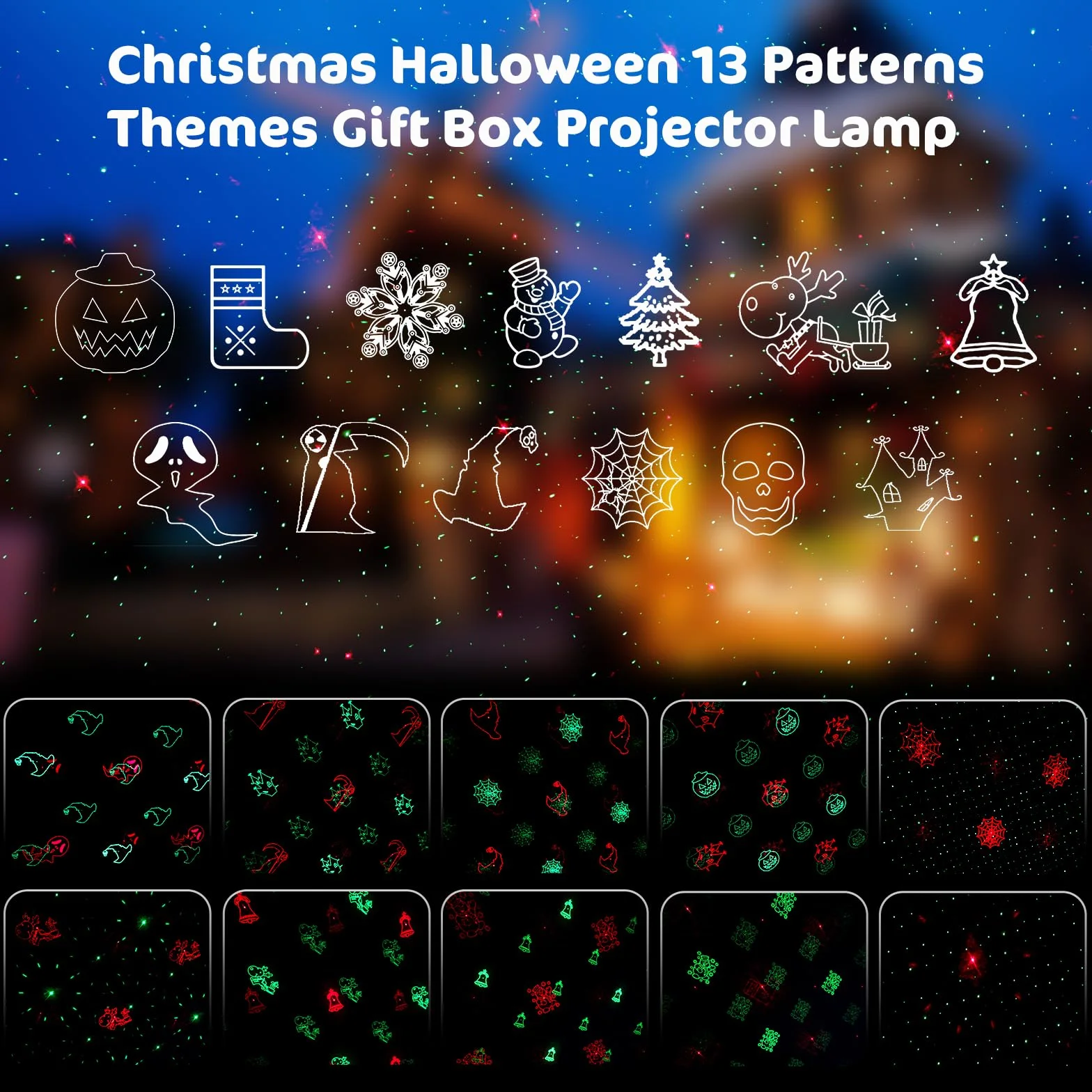 Zewnętrzny świąteczny projektor Halloween, 13 wzorów motywów lampa projektora z pilotem zdalnego sterowania, wodoodporna dekoracja ogrodu na Boże Narodzenie, Halloween, ściany domu, ściany zewnętrzne,