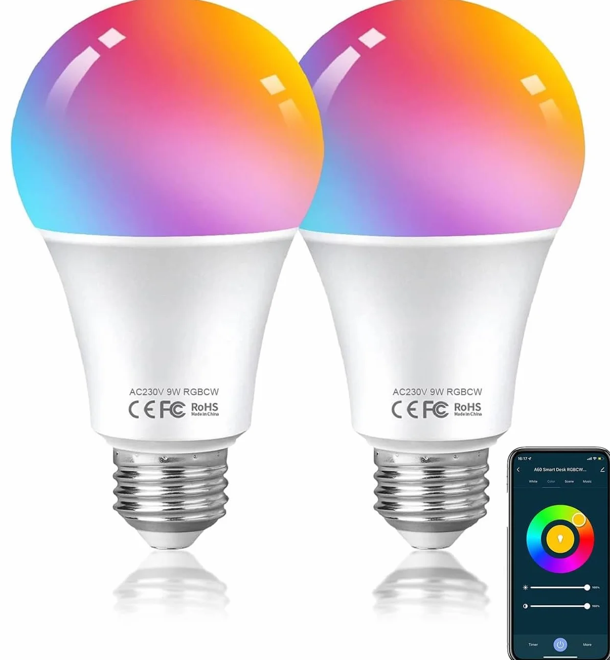 HUTAKUZE Żarówka Alexa E27 Smart LED, 9 W, 806 lm, Wi-Fi, wielokolorowa, ściemniana, sterowanie za pomocą aplikacji, kompatybilne z Alexa Echo, Google Home, nie wymaga koncentratora, ciepła biel /