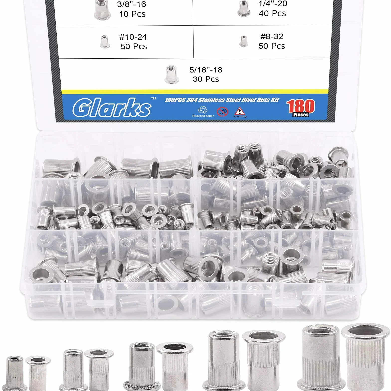 Glarks 180 szt. #8-32#10-64 1/4"-20 5/16"-18 3/8"-16 UNC zestaw nitonakrętek ze stali nierdzewnej 304 płaska głowica gwintowana nakrętki zestaw nitonakrętek