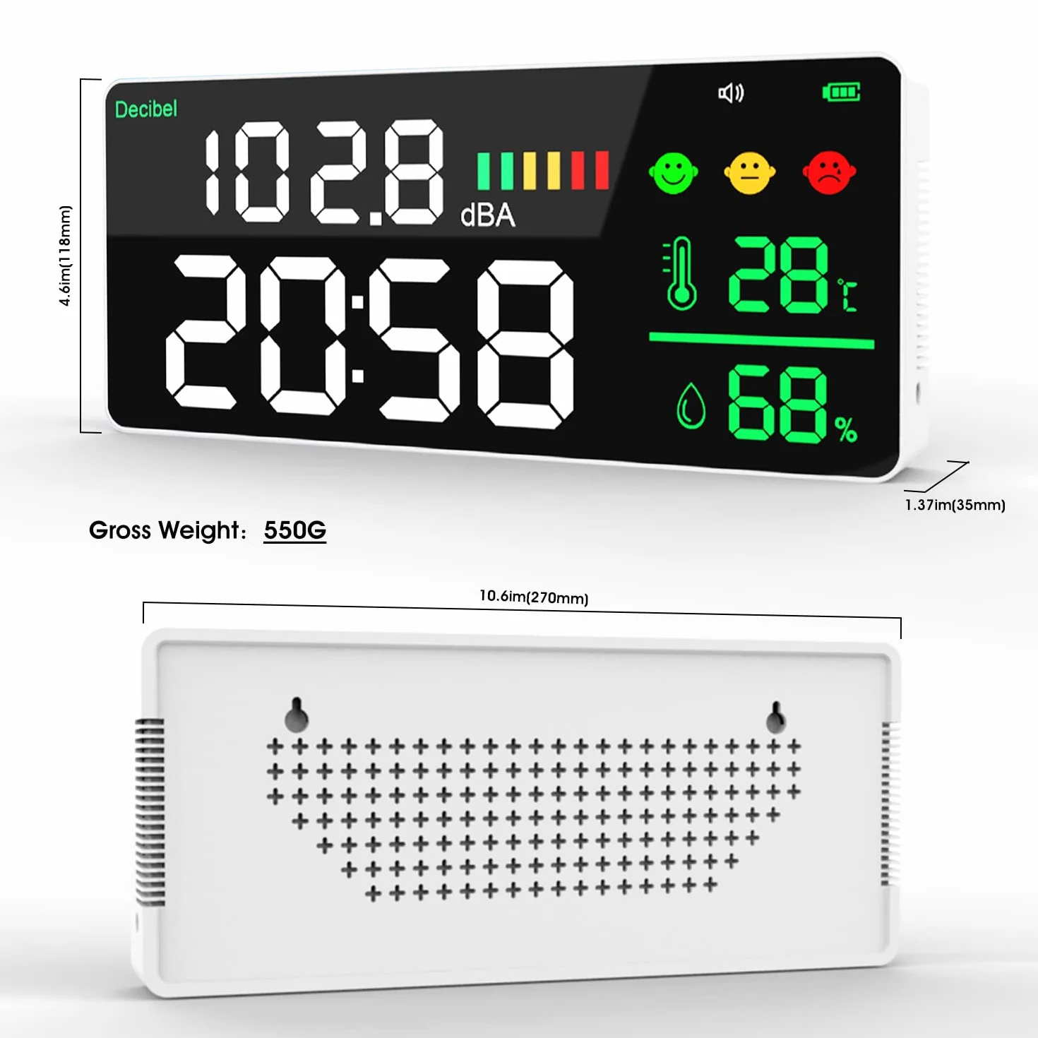 Miernik decybeli wiszący na ścianie miernik poziomu dźwięku 28 cm duży wyświetlacz LED + czas + wilgotność + temperatura (℃); 4 w 1 miernik decybeli 30-130 dB zakresu DB miernik i miernik SPL szerokie