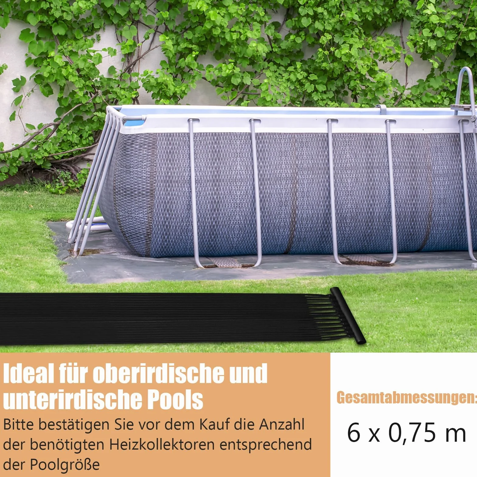 FANTASK kolektor solarny ogrzewanie basenu 600 x 75 cm UV PE do 25800 l czarny