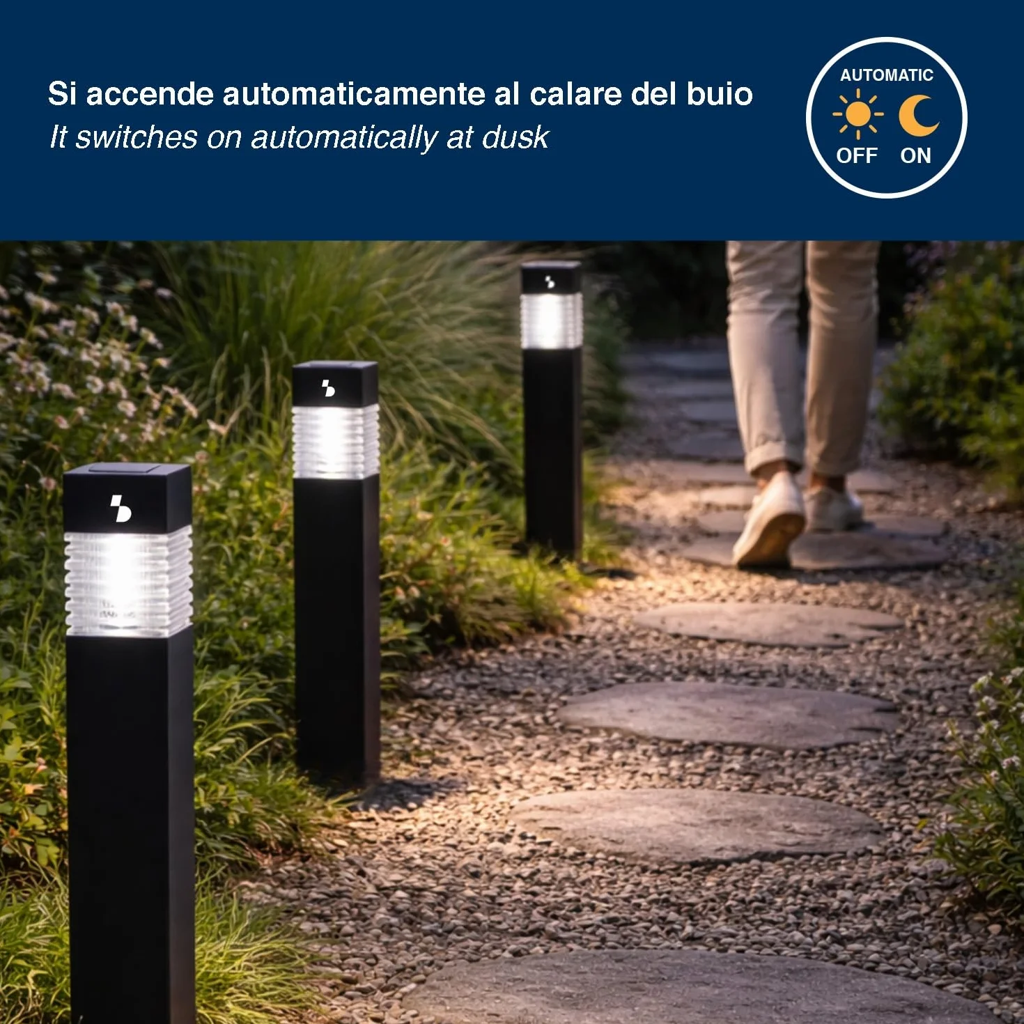 BEPER P207ILO030 Zestaw 3 solarnych lamp schodowych, zewnętrzne lampy solarne LED z kolcami, automatyczne włączanie, oświetlenie ścieżek i rabat kwiatowych, IP44