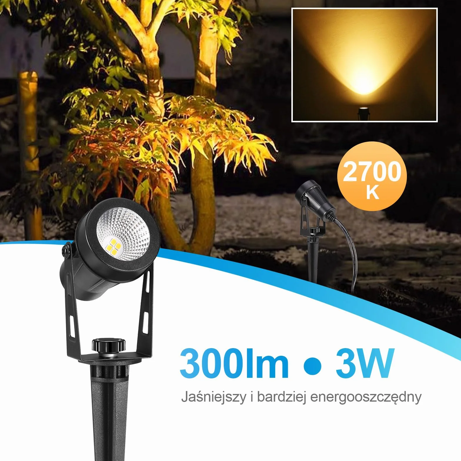 Oświetlenie ogrodowe LED, 21 m, 6-częściowy reflektor ogrodowy z uziemieniem, 12 V, 3 W, 1800 lm, lampa ogrodowa, IP65, wodoszczelna, ciepła biel, lampa ogrodowa na zewnątrz, trawnik