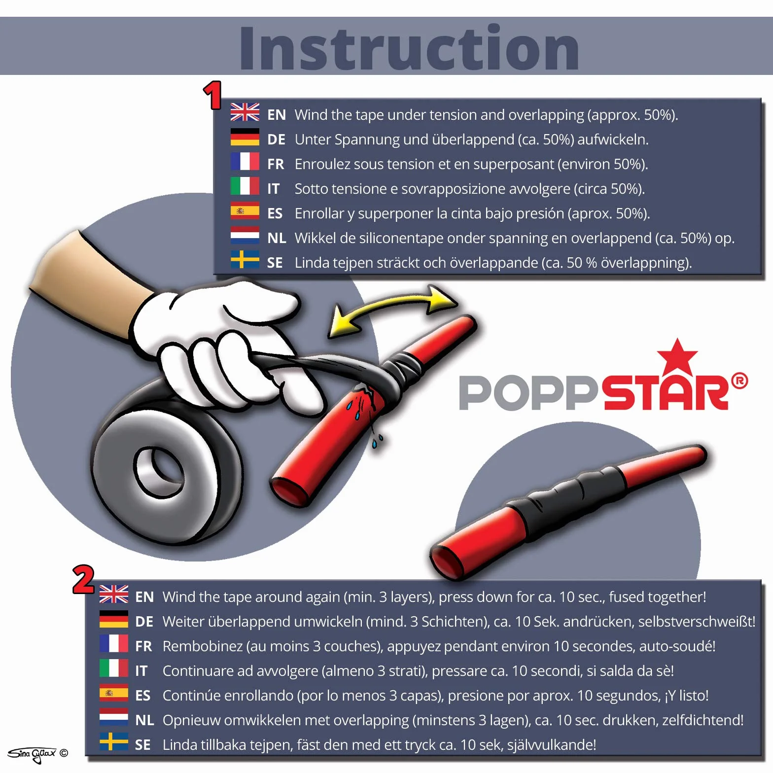 Poppstar samowulkanizująca taśma silikonowa, 3 m x 25 mm, izolacyjna i uszczelniająca (woda, powietrze), szara, 1 rolka