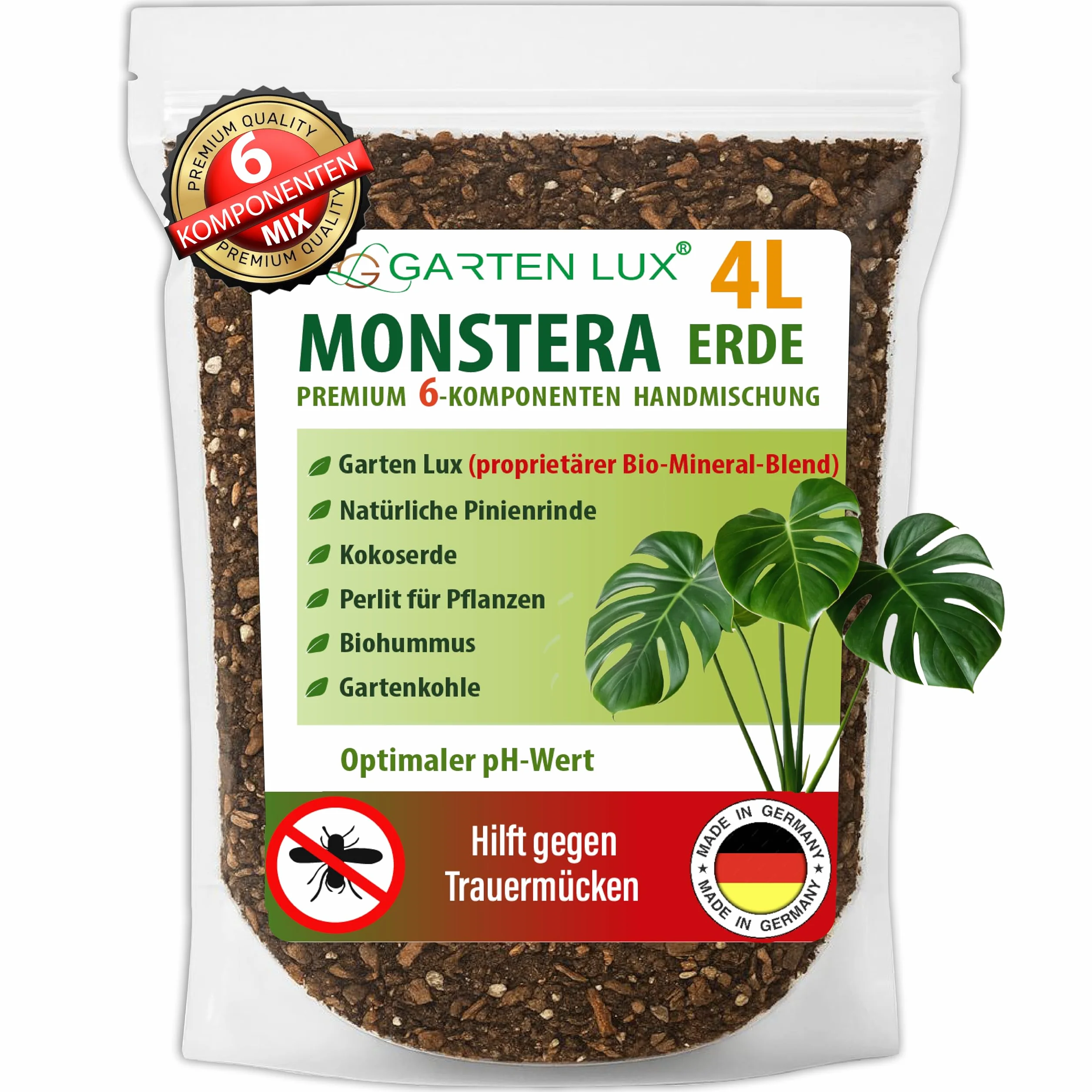 Garten Lux Monstera Terra 4 l bez torfu - 6 w 1 przeciwko komarom żałobnym | aroidalne podłoże | ziemia kokosowa, perlit, kora sosnowa, biohumus, węgiel ogrodowy + tajny kompleks |