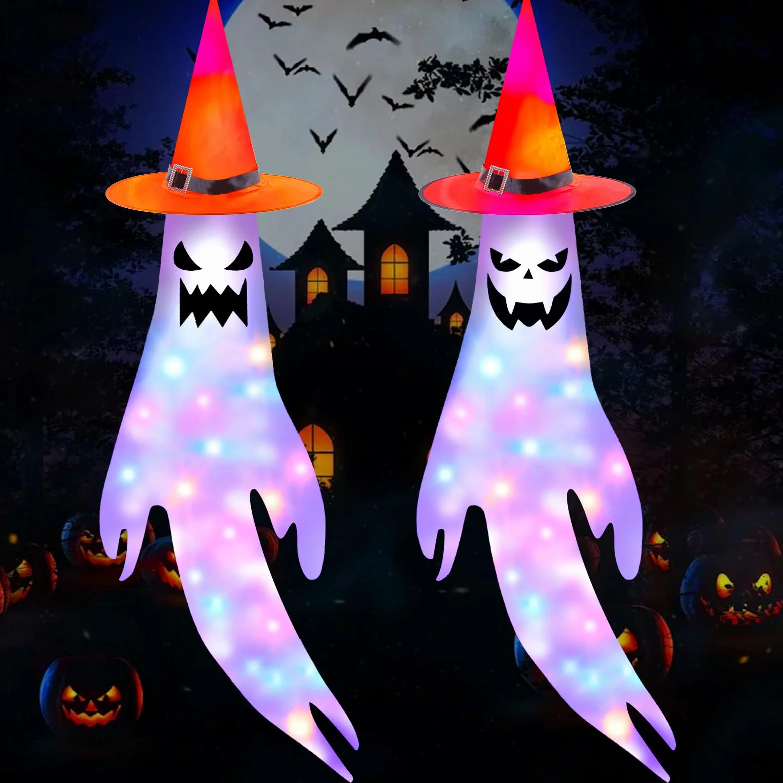 Dekoracja na Halloween wiatraki z 200 cm LED flaga ducha skarpety przeciwwiatrowe 2 sztuki