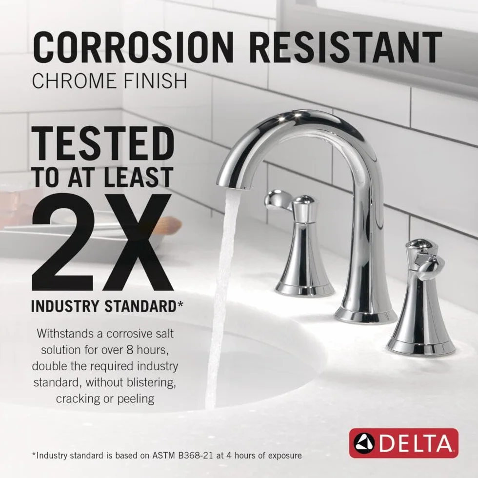 Delta Esato 35897LF 35897LF szeroko rozpowszechniona bateria łazienkowa, chromowana bateria umywalkowa, 3 otwory, zestaw odpływowy w zestawie, z etykietą WaterSense