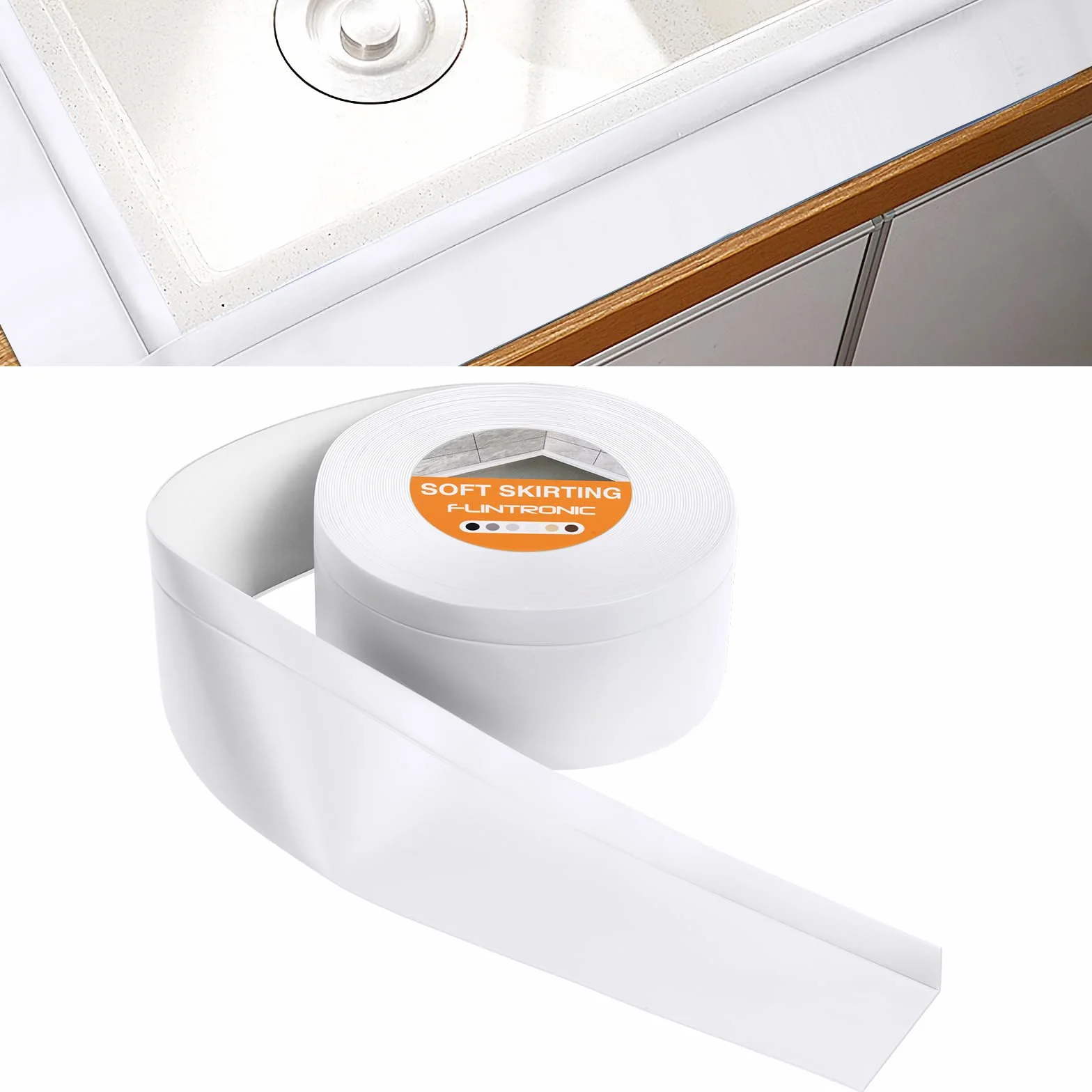 Flintronic Uszczelniacz wodoodporny, 10 m / 70 mm miękka listwa przypodłogowa PVC samoprzylepna taśma uszczelniająca, wodoodporna, odporna na olej i pleśń używana do płytek kuchennych/łazienkowych itp