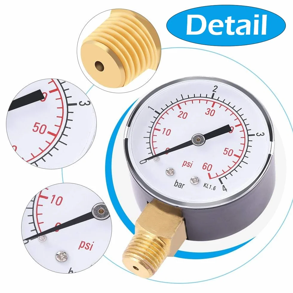 Manometr do wody z manometrem basenowym 60 psi 1/4" NPT montaż podłogowy, gwint rury calowej Dual Scale mechaniczny manometr niskiego ciśnienia