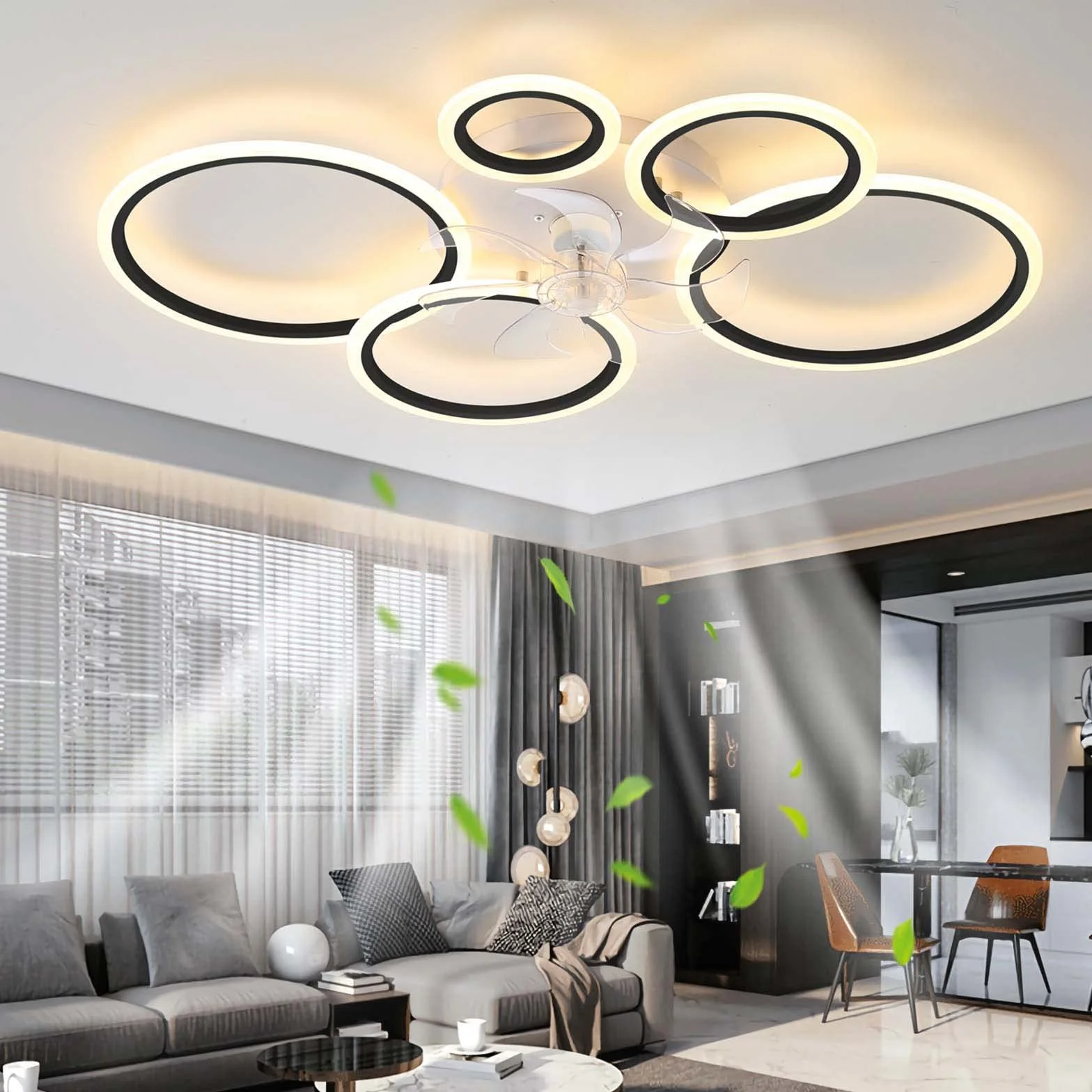 Wentylator sufitowy ze światłem, LED 72W Ściemniane Fan Lampa sufitowa, Nowoczesny Oświetlenie dla Pokój dzienny Jadalnia Sypialnia, Regulowany 6 prędkości, Czarny 100cm