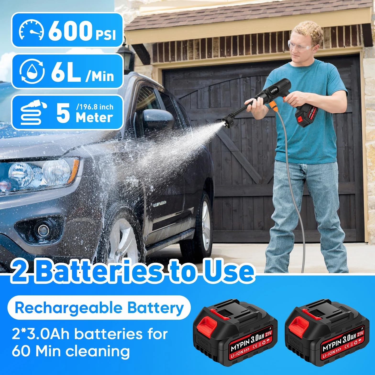 MYPIN Bezprzewodowy środek czyszczący, 600 PSI, 21 V, odkurzacz akumulatorowy z 2 akumulatorami, dysza 6 w 1 ze standardową dyszą do samochodu, podłogi, ściany, ogrodzenia
