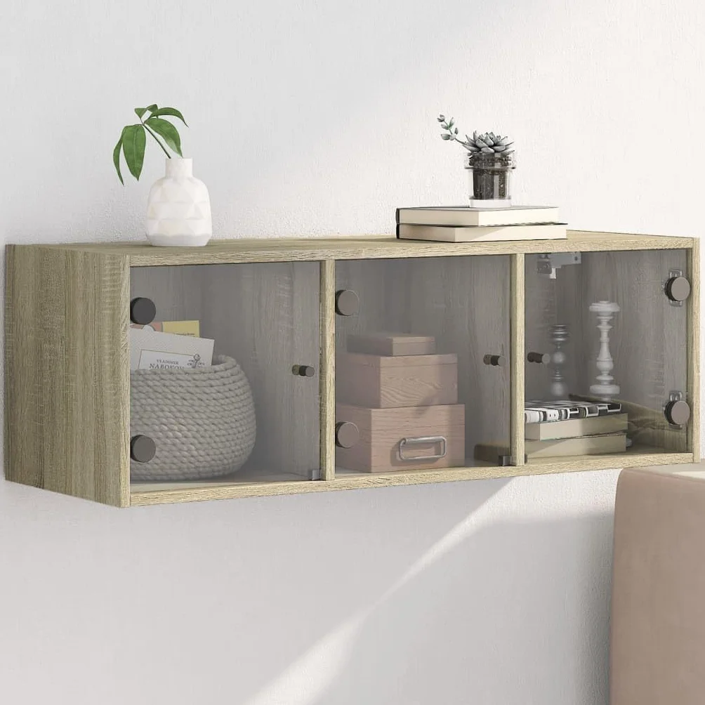 Szafka ścienna ze szklanymi drzwiami, dąb Sonoma z materiału drewnopochodnego 102 x 37 x 35 cm, szafka do przechowywania z półkami i półką, do biura, korytarza, piwnicy, warsztatu, miejsca do