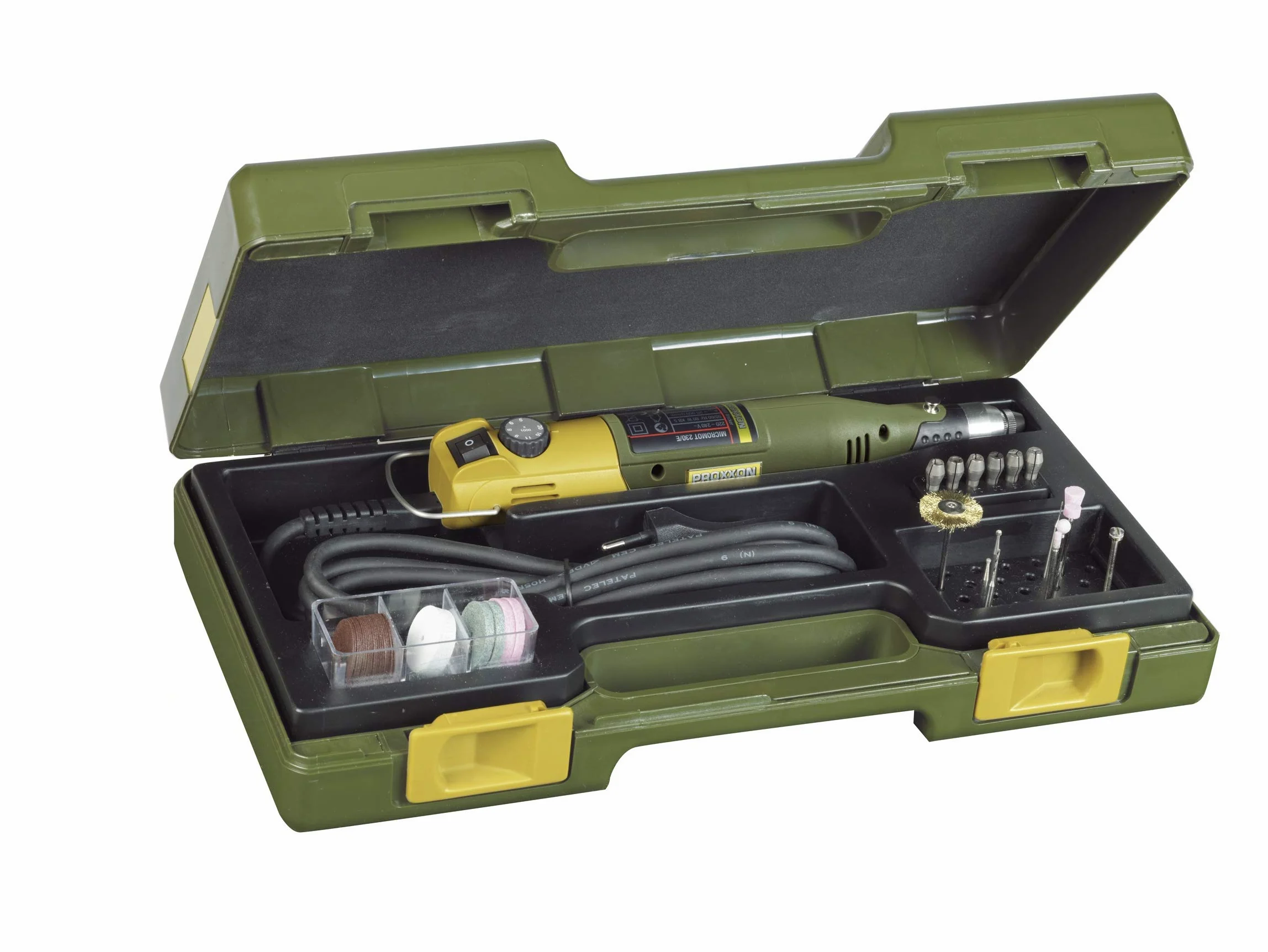 Proxxon 28430 Micromot 230/E zestaw narzędzi do wiercenia i frezowania z 34 narzędziami w walizce 230 V urządzenie ręczne