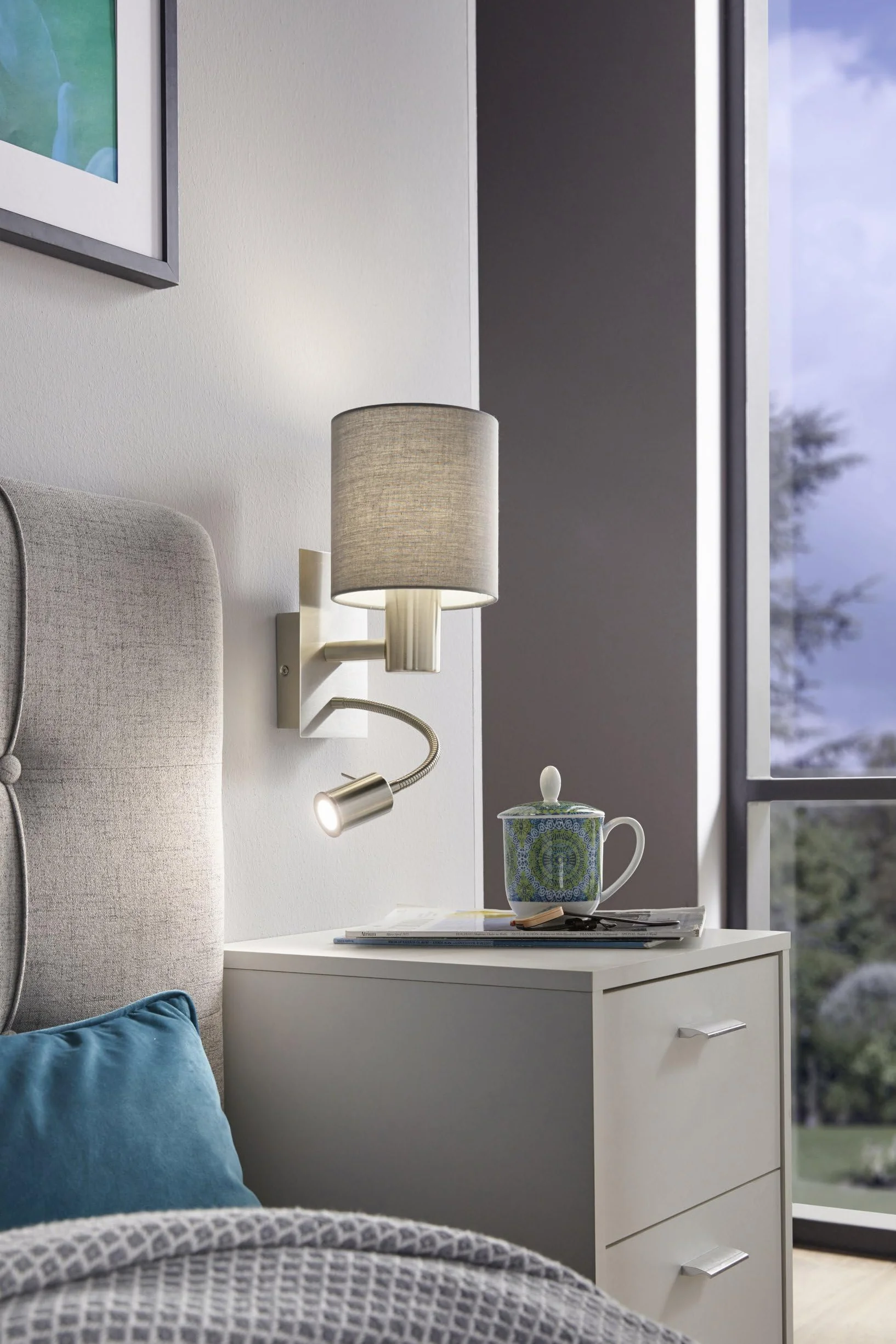 EGLO LED lampa ścienna PASTERI, 2-ogniskowa tekstylna lampa ścienna | materiał: stal, tkanina, kolor: nikiel matowy, szary, oprawka: E27, z przełącznikiem i elastyczną lampą do czytania LED
