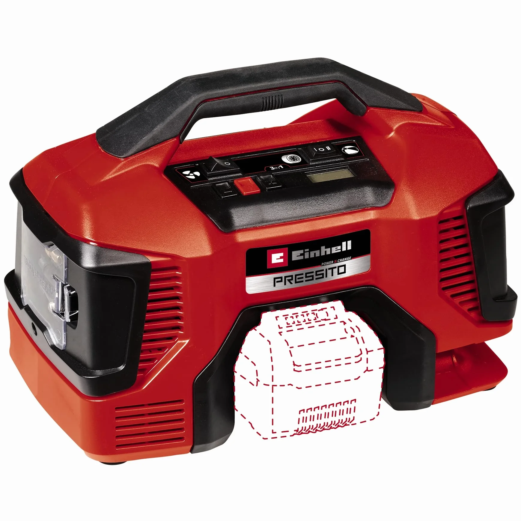 Einhell Kompresor akumulatorowy PRESSITO 18/21 Power X-Change (Li-Ion, 18 V, pompa wysokiego i niskiego ciśnienia, cyfrowy wyświetlacz, funkcja automatycznego wyłączania, bez akumulatora i ładowarki)