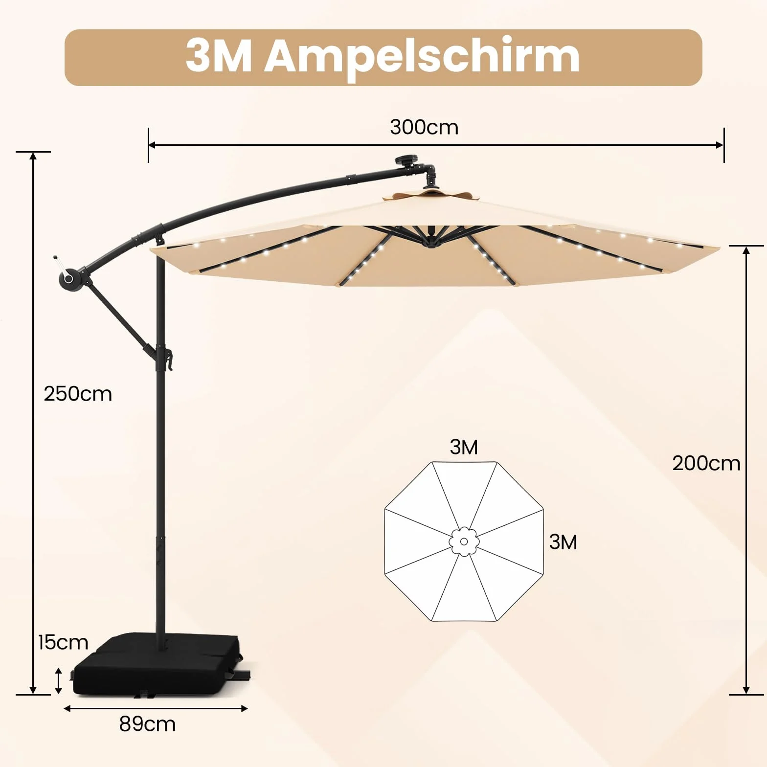 COSTWAY Parasol ogrodowy z diodami LED 300 cm UV
